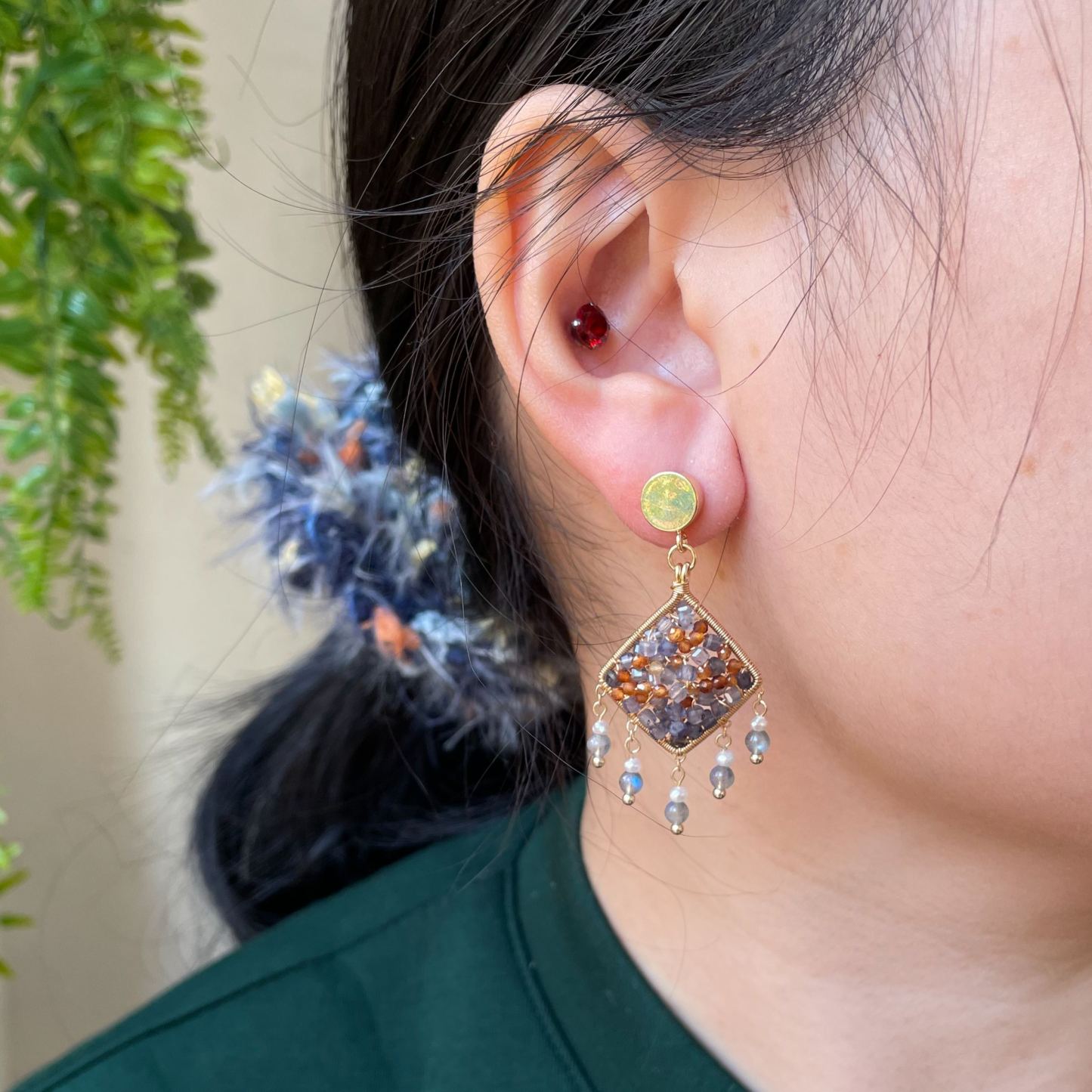 Sunset at Sayram Lake Handmade Iolite and Hessonite Garnet Wire Wrapped Earrings with Labradorite and Pearl Tassels