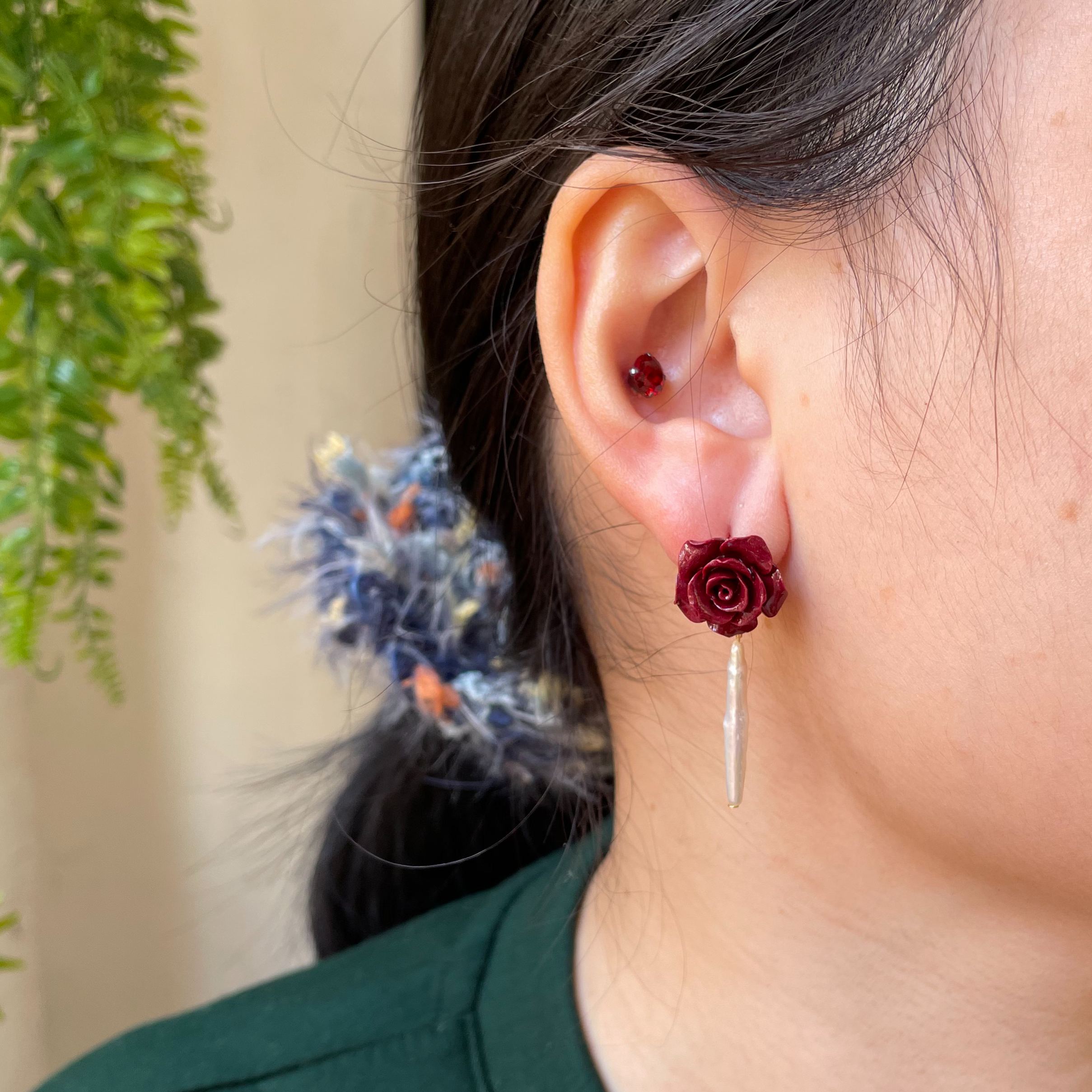 Handmade Red Cinnabar Rose Earrings with Baroque Pearl Vintage Inspired Statement Earrings
