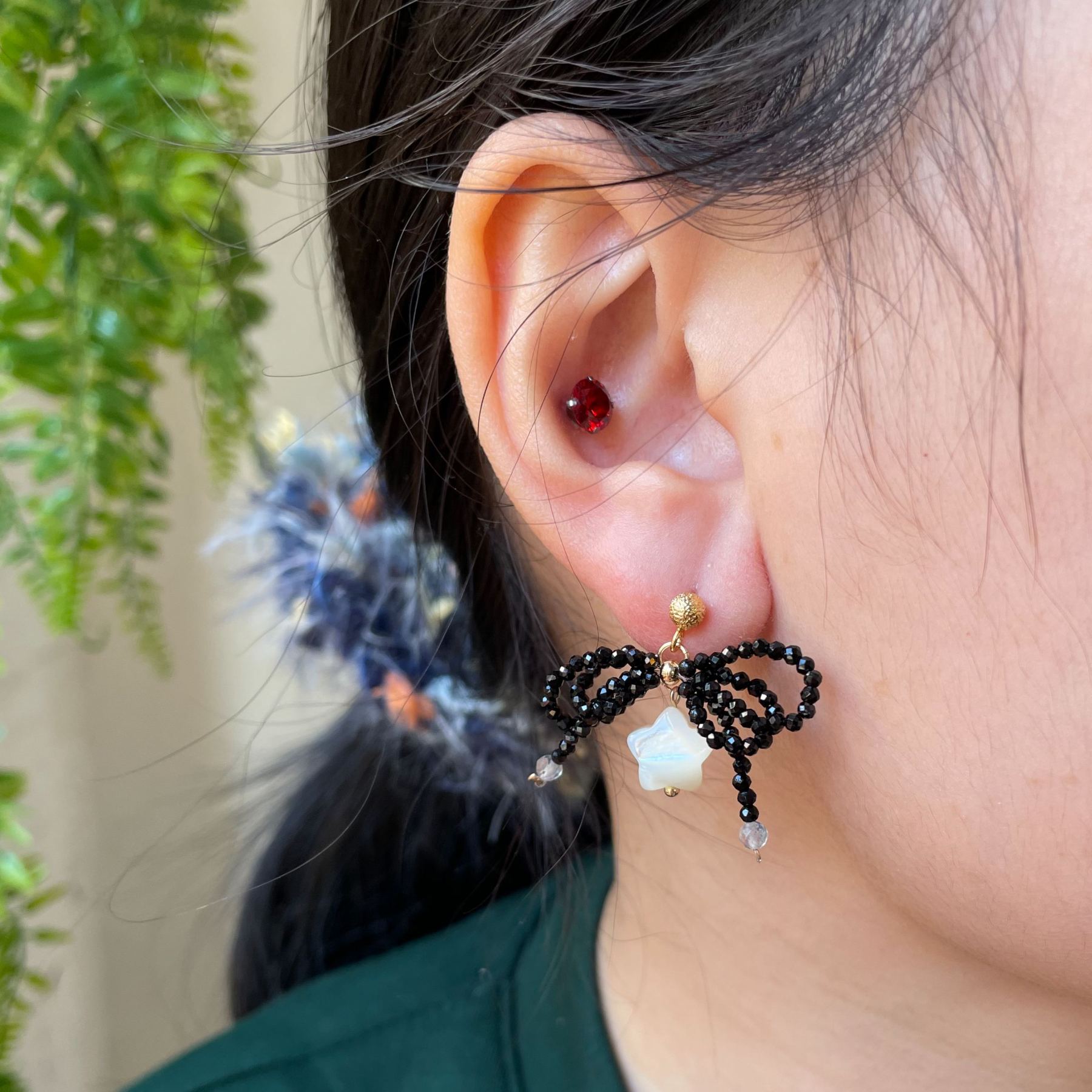 Black Spinel Bow Earrings with Shell Star Dainty Statement Bow Studs