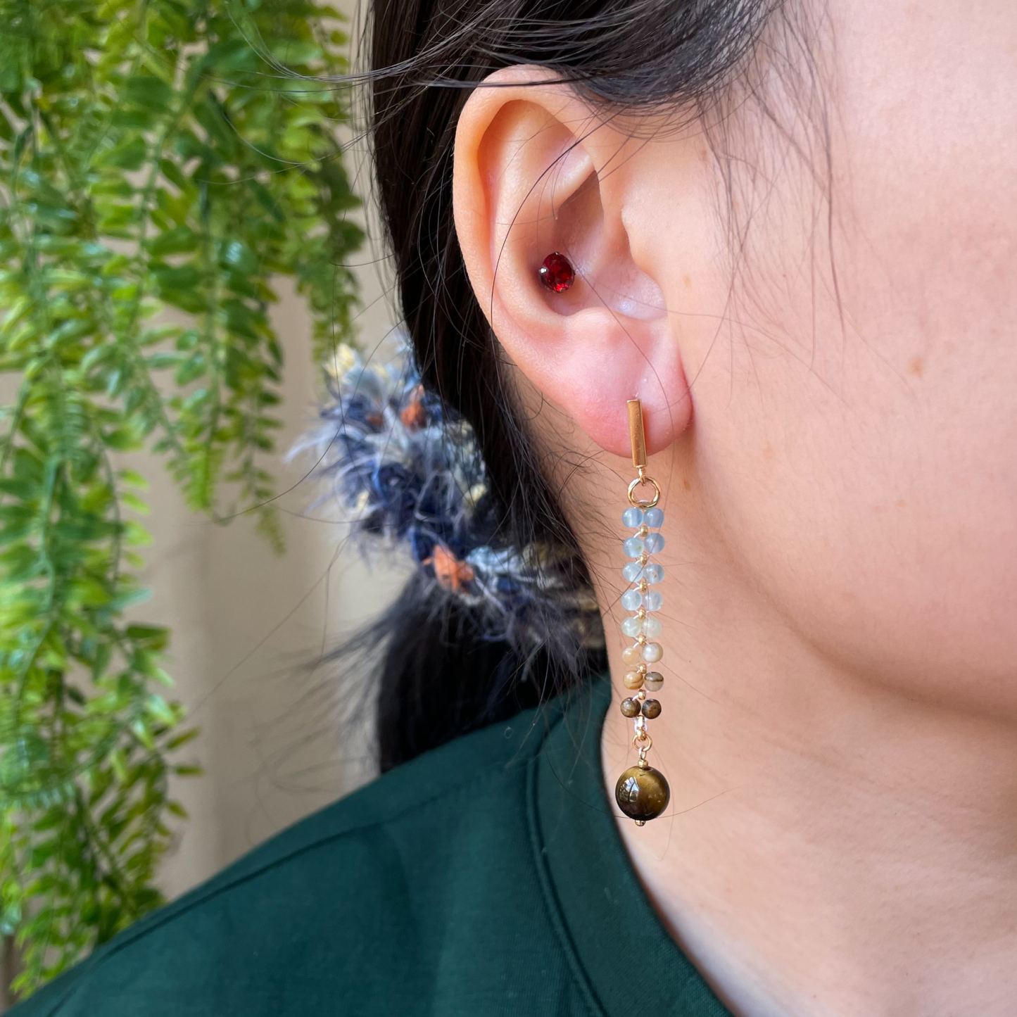 Handmade Minimalist Boho Blue Calcite Gradient Earrings with Tiger’s Eye Drop