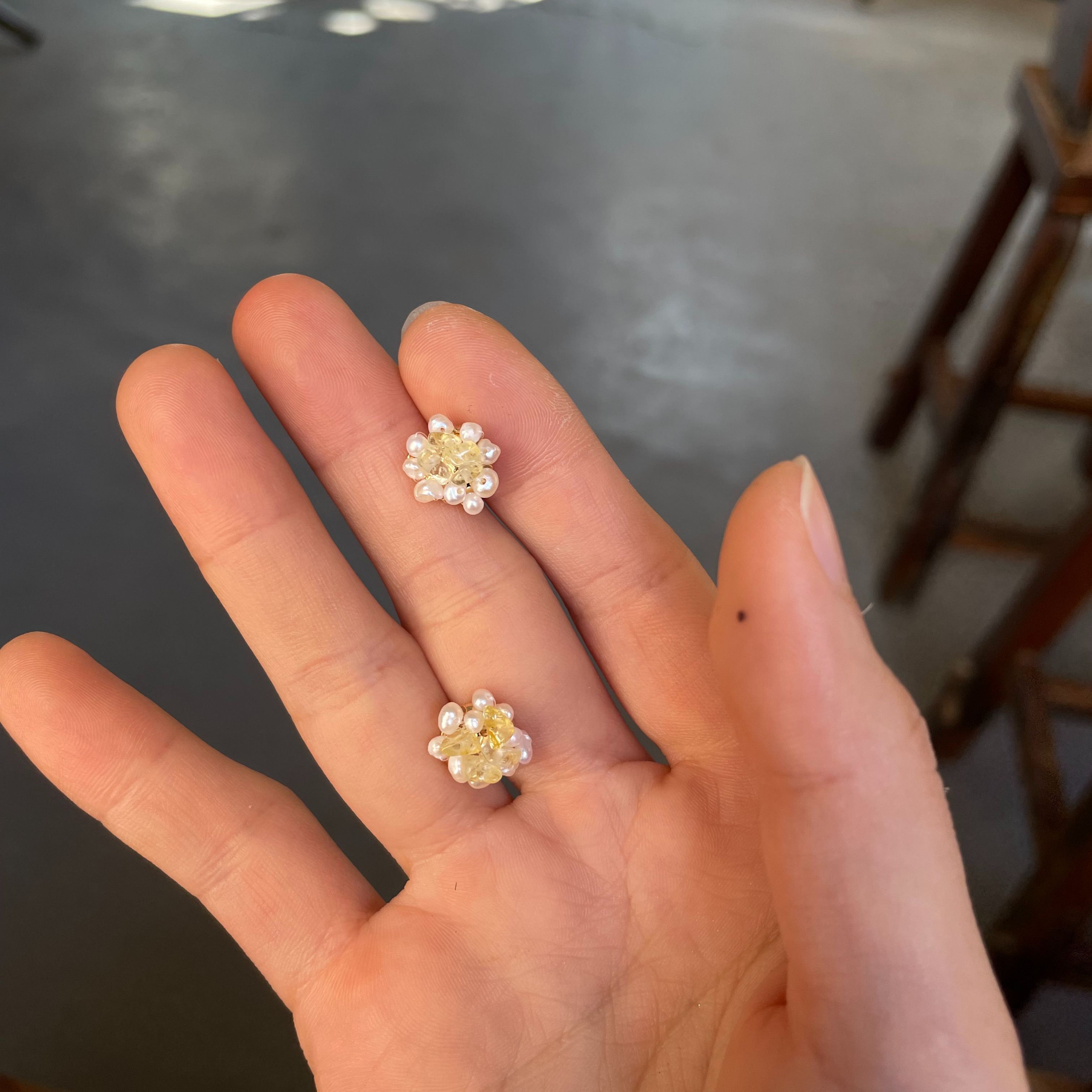 Handmade Citrine and Pearl Cluster Flower Stud Earrings
