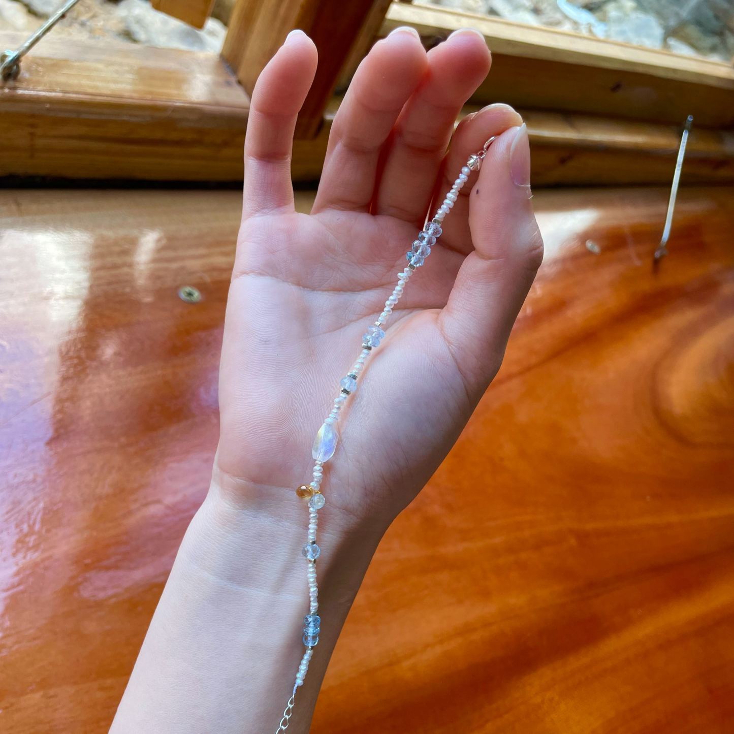 One of Kind Handmade Aquamarine, Pearl and Sterling Silver Bracelet with Madagascar Moonstone Centre