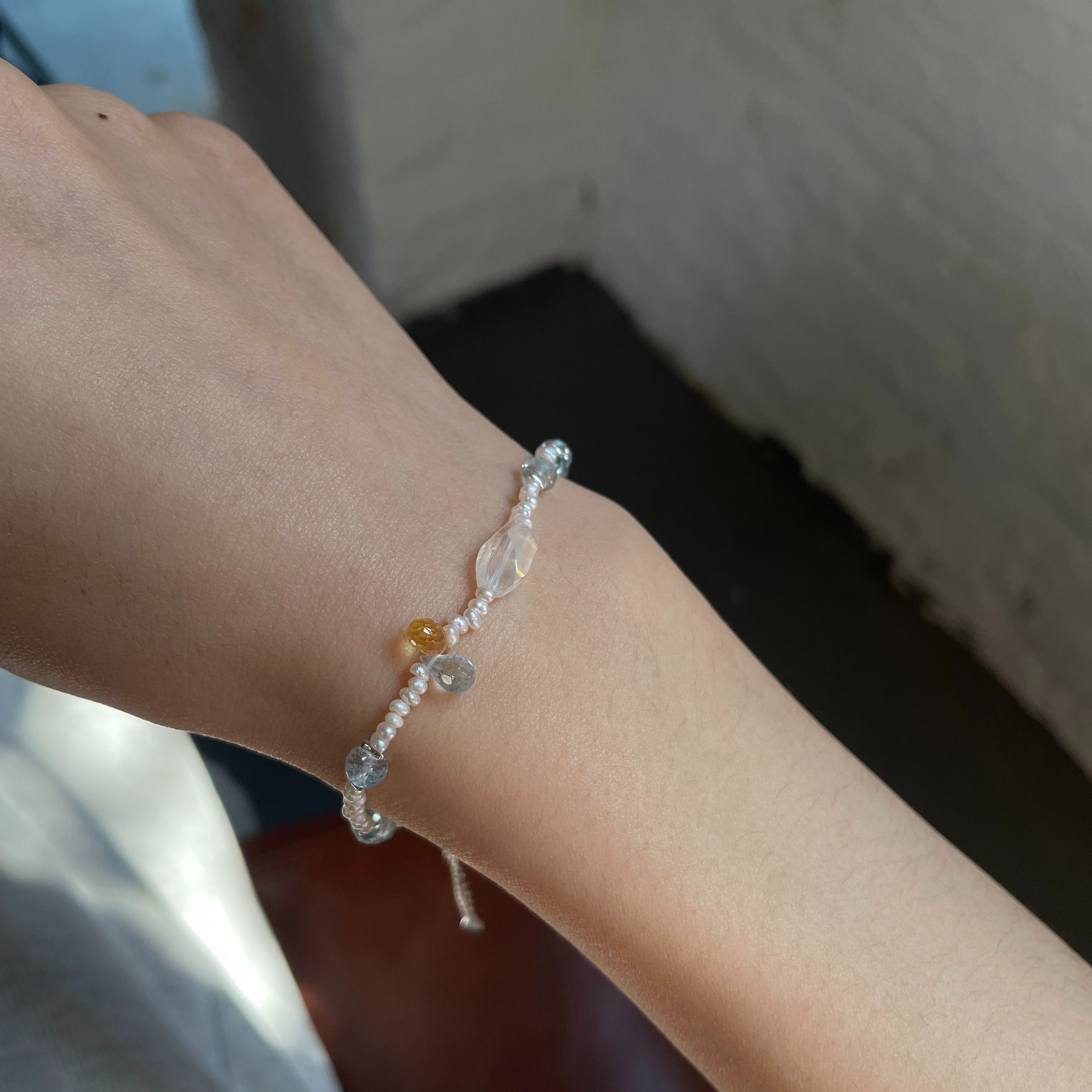 One of Kind Handmade Aquamarine, Pearl and Sterling Silver Bracelet with Madagascar Moonstone Centre