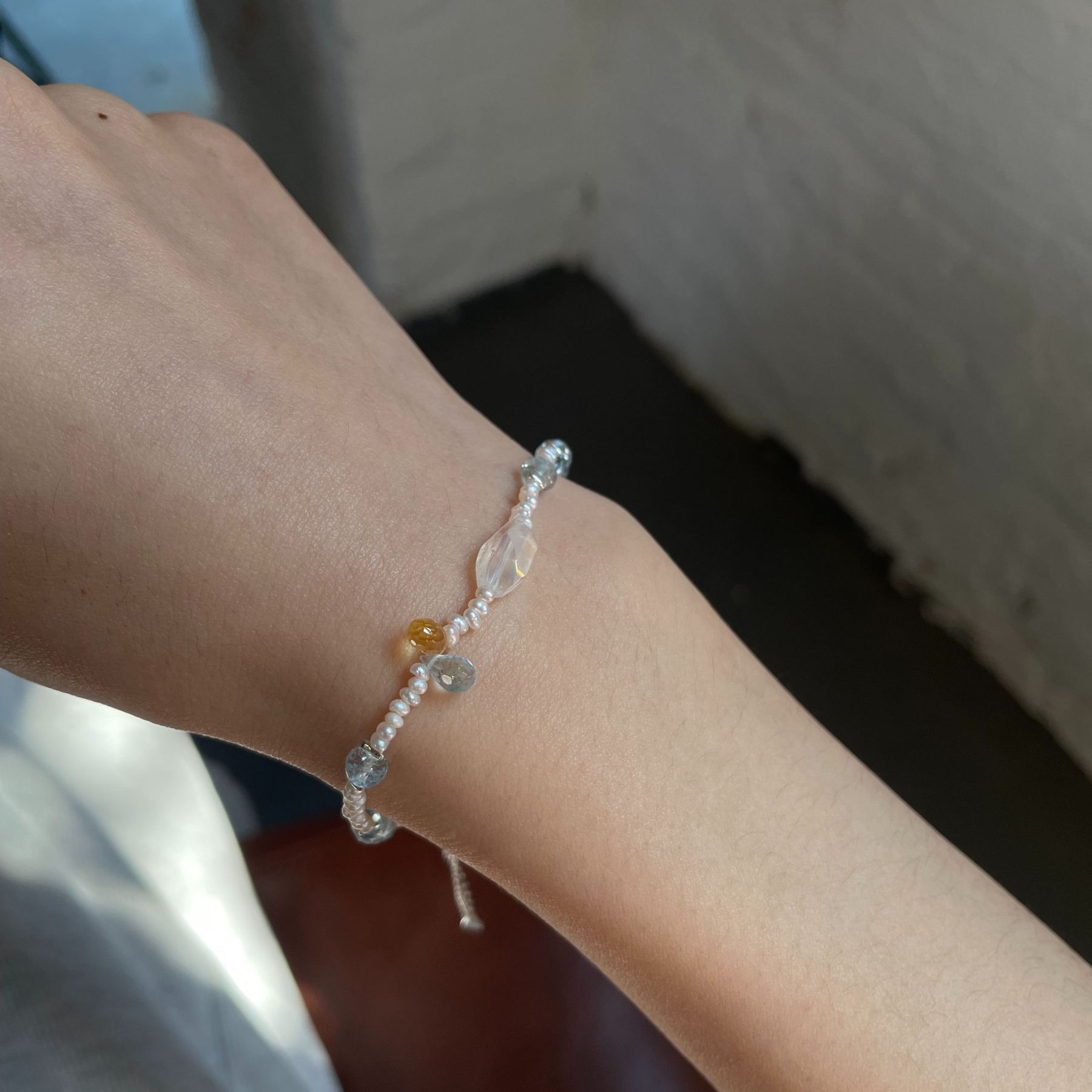 One of Kind Handmade Aquamarine, Pearl and Sterling Silver Bracelet with Madagascar Moonstone Centre