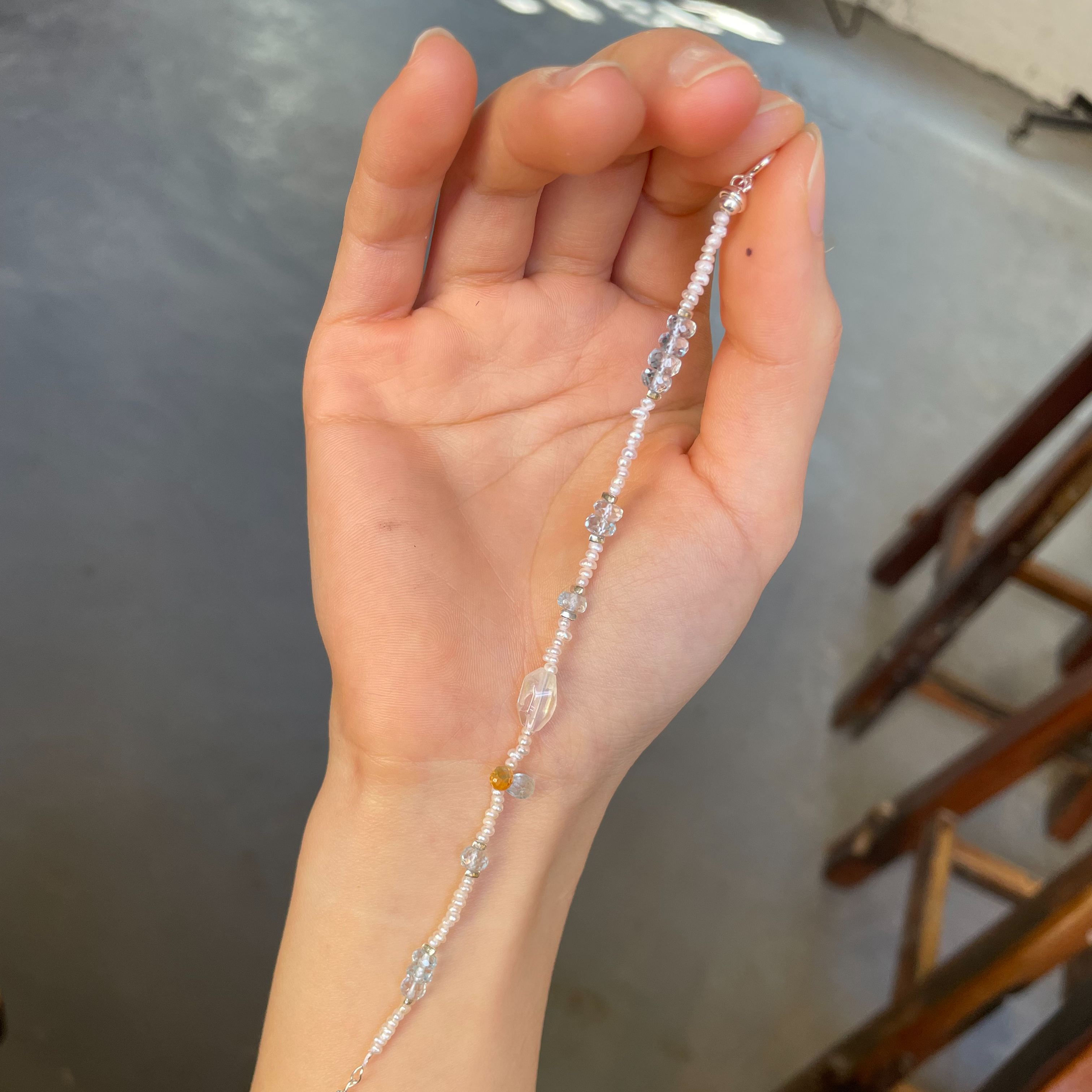 One of Kind Handmade Aquamarine, Pearl and Sterling Silver Bracelet with Madagascar Moonstone Centre