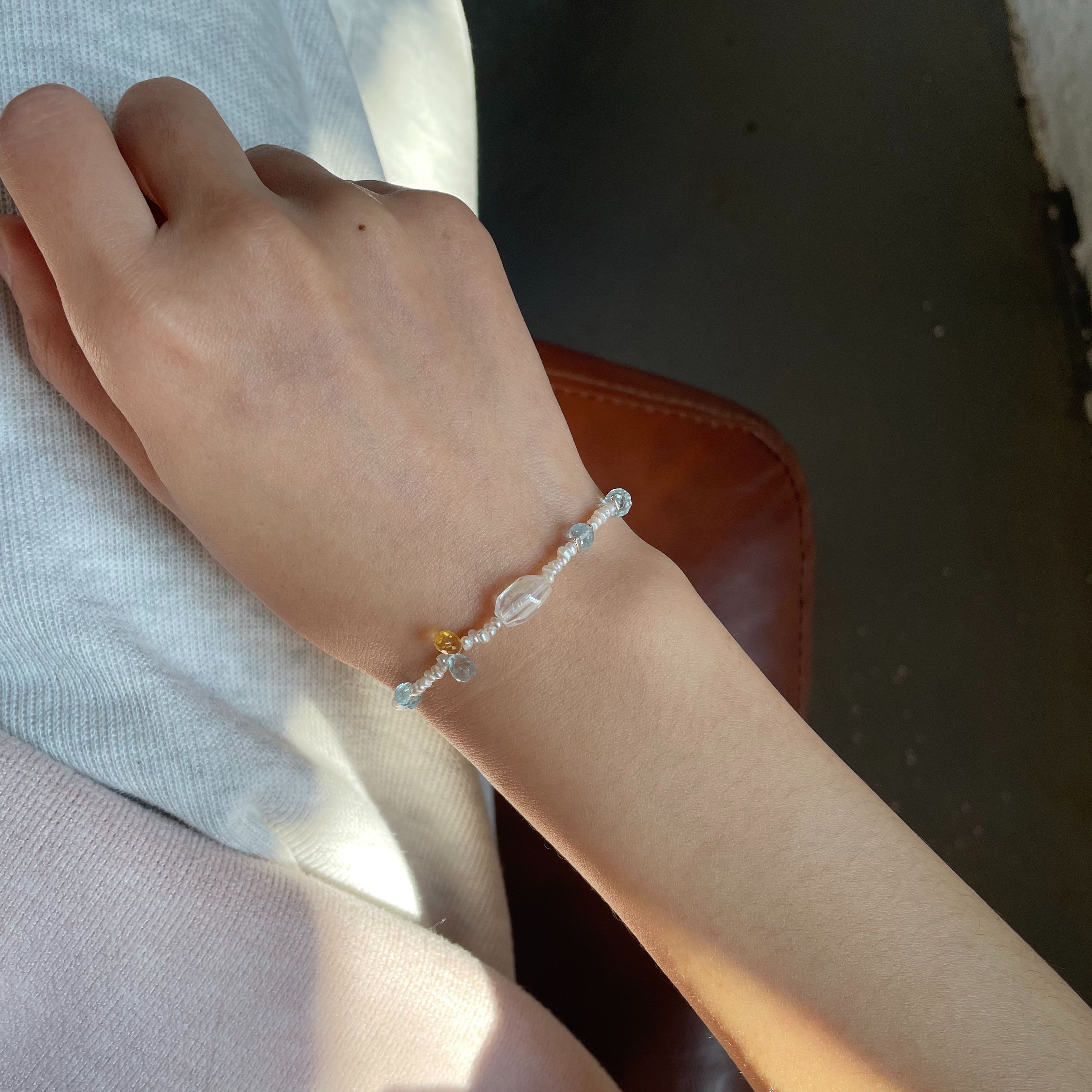 One of Kind Handmade Aquamarine, Pearl and Sterling Silver Bracelet with Madagascar Moonstone Centre