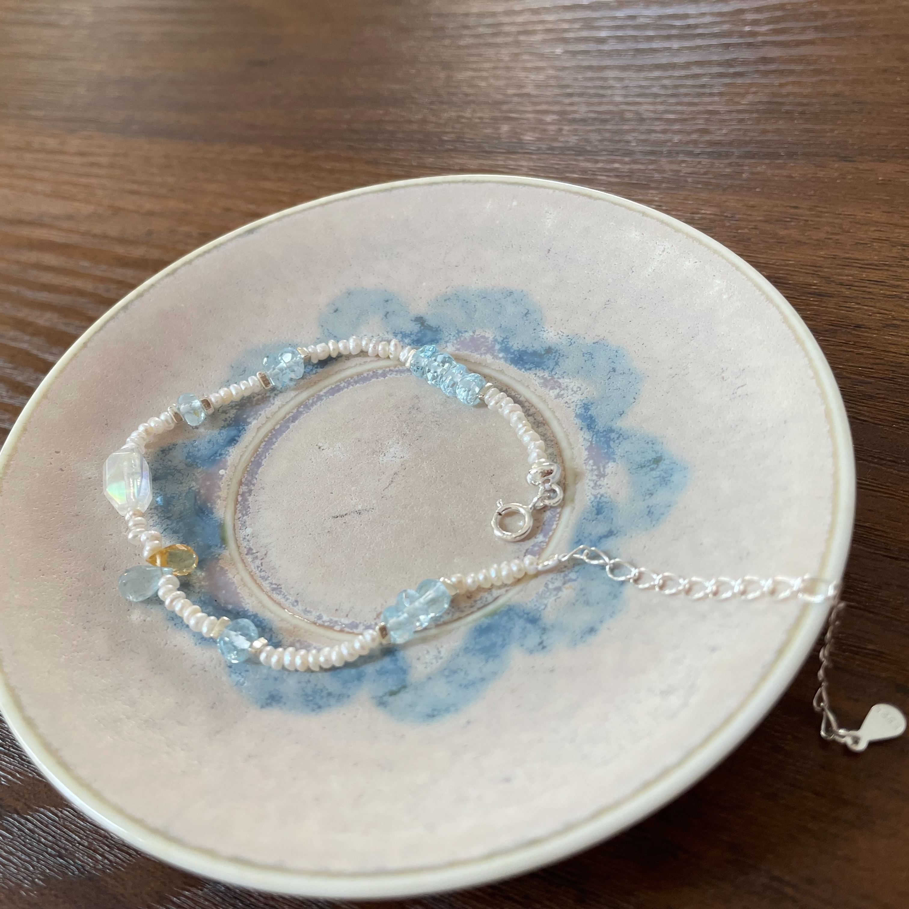 One of Kind Handmade Aquamarine, Pearl and Sterling Silver Bracelet with Madagascar Moonstone Centre