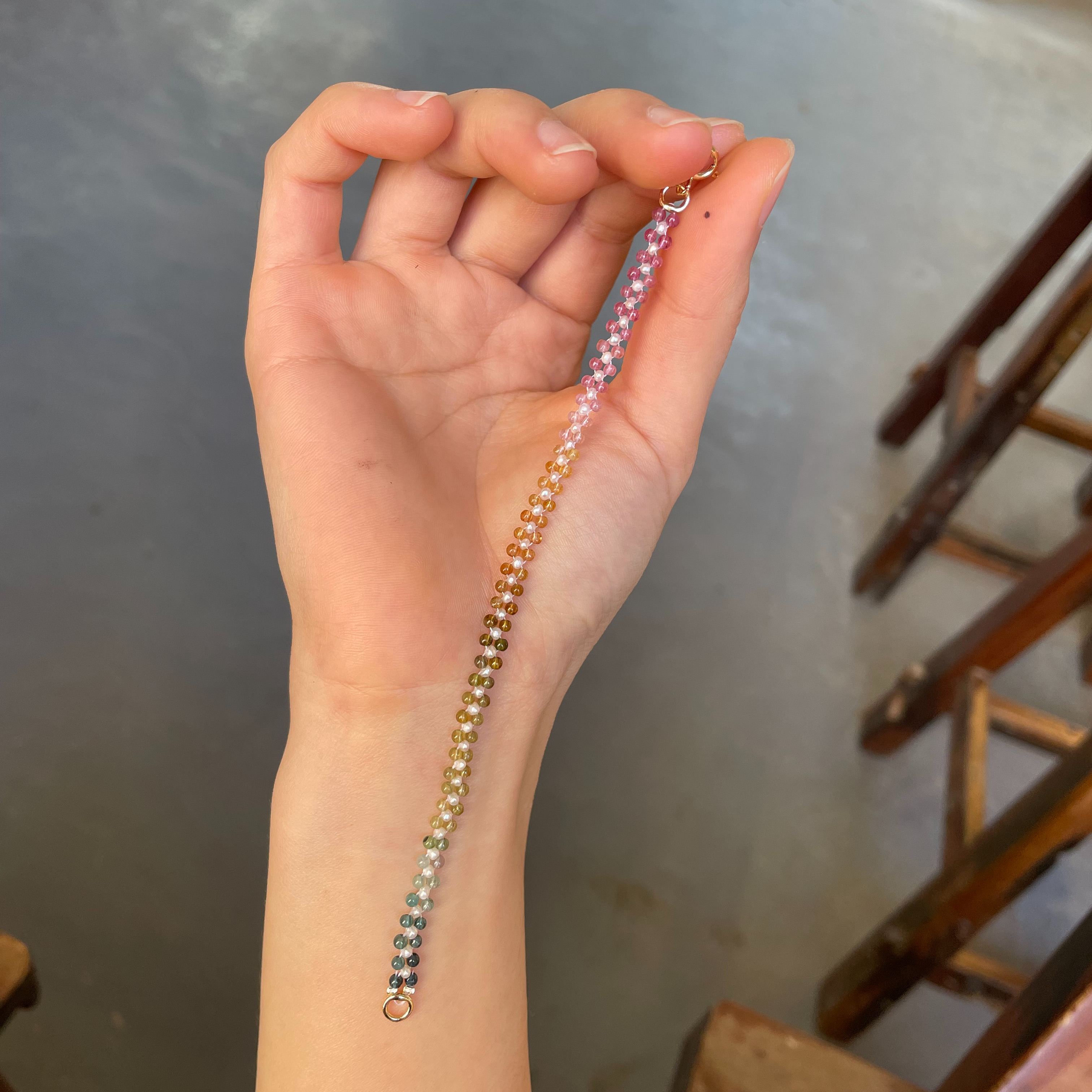 Handmade Dainty Colorful Multi Tourmaline and Freshwater Pearl Woven Layering Bracelet 