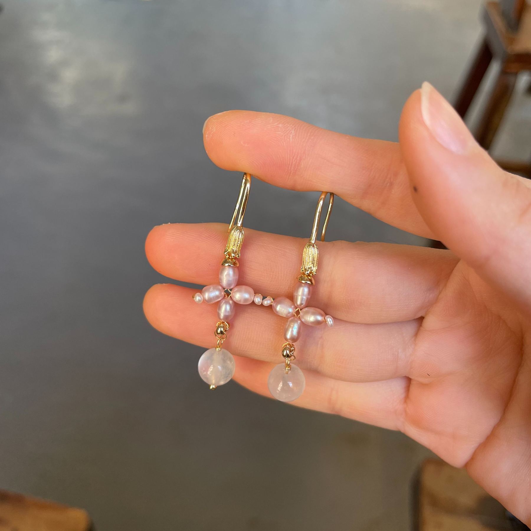 Handmade Lavender Freshwater Pearl Cross Flower with Blue Moonstone Drop Earrings