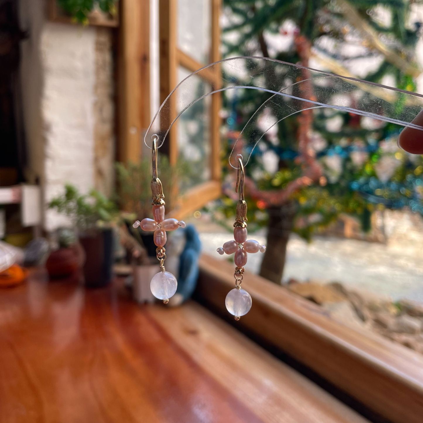 Handmade Lavender Freshwater Pearl Cross Flower with Blue Moonstone Drop Earrings