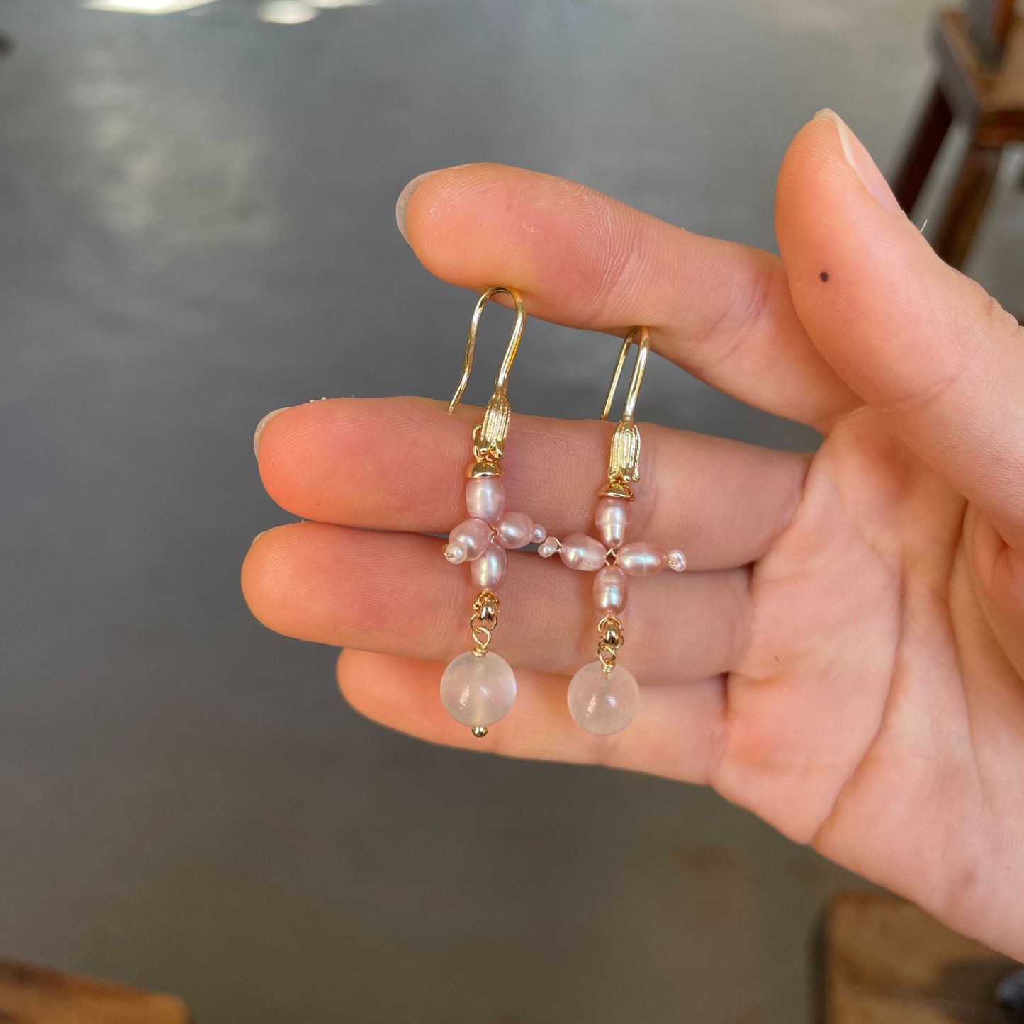 Handmade Lavender Freshwater Pearl Cross Flower with Blue Moonstone Drop Earrings