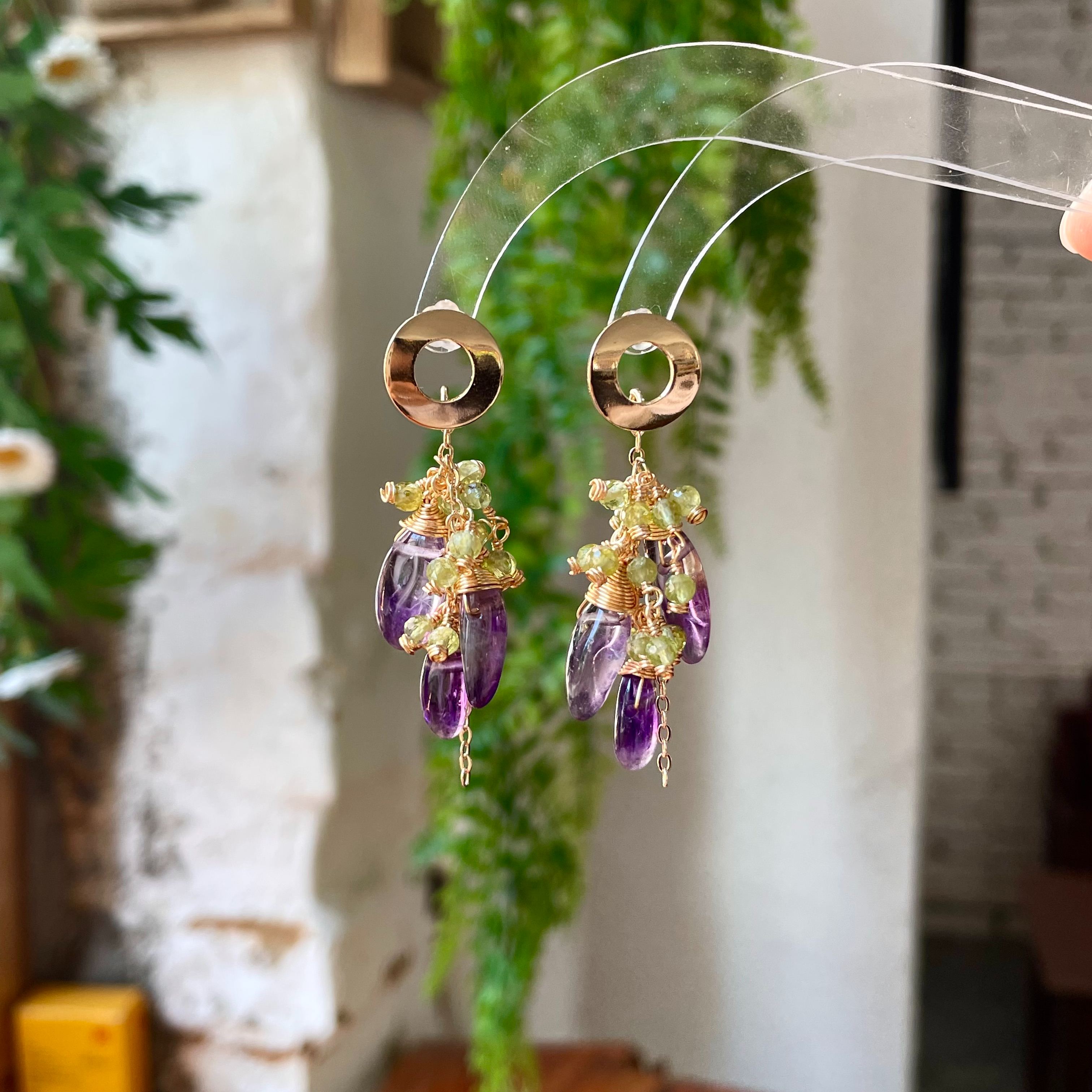 Handmade Amethyst Fang and Peridot Cluster Statement Earrings