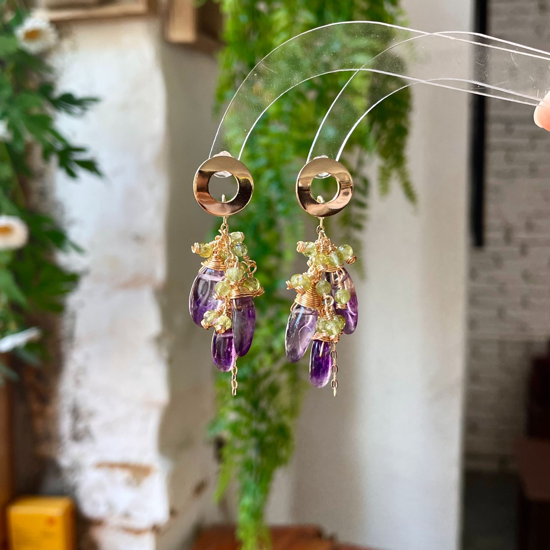 Handmade Amethyst Fang and Peridot Cluster Statement Earrings