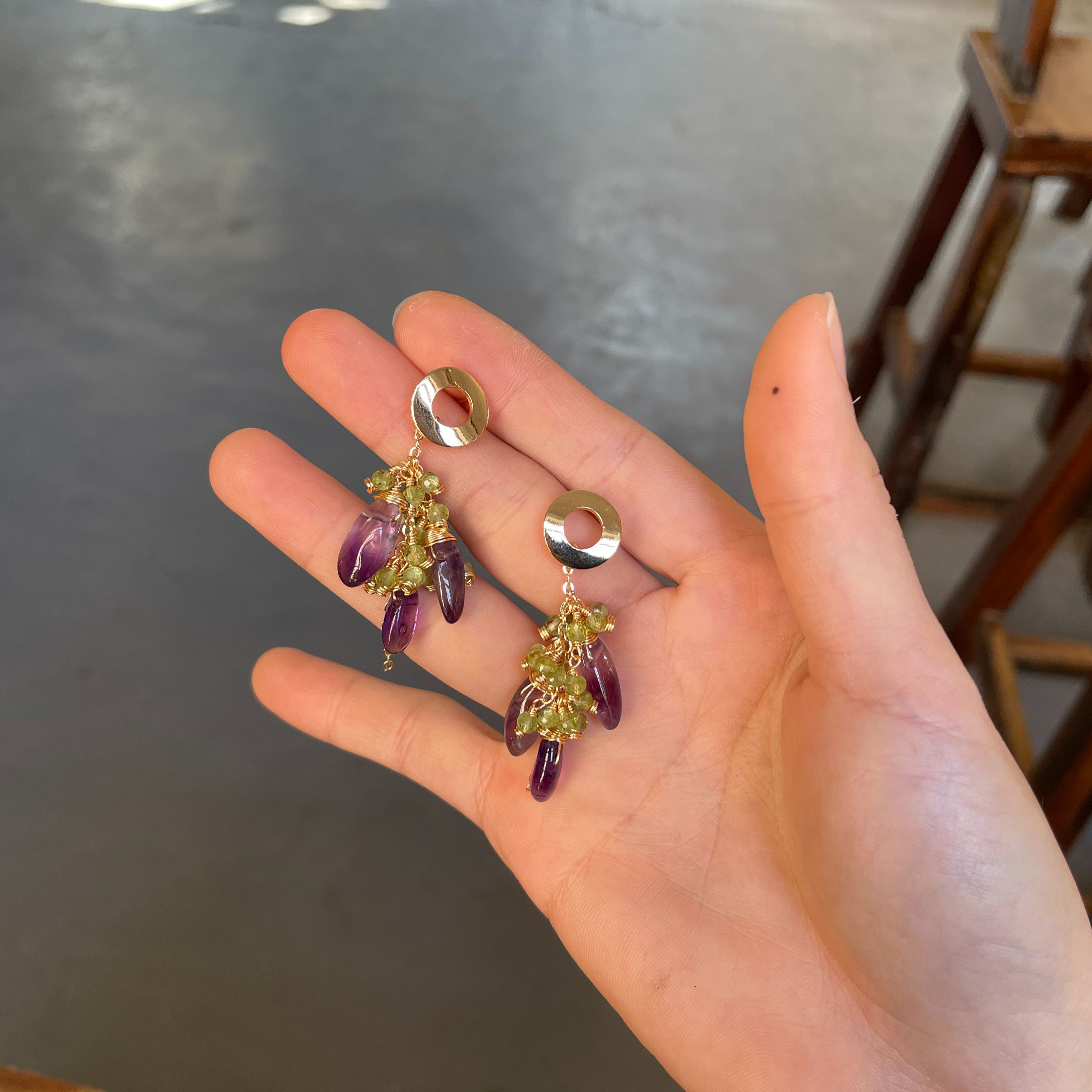 Handmade Amethyst Fang and Peridot Cluster Statement Earrings