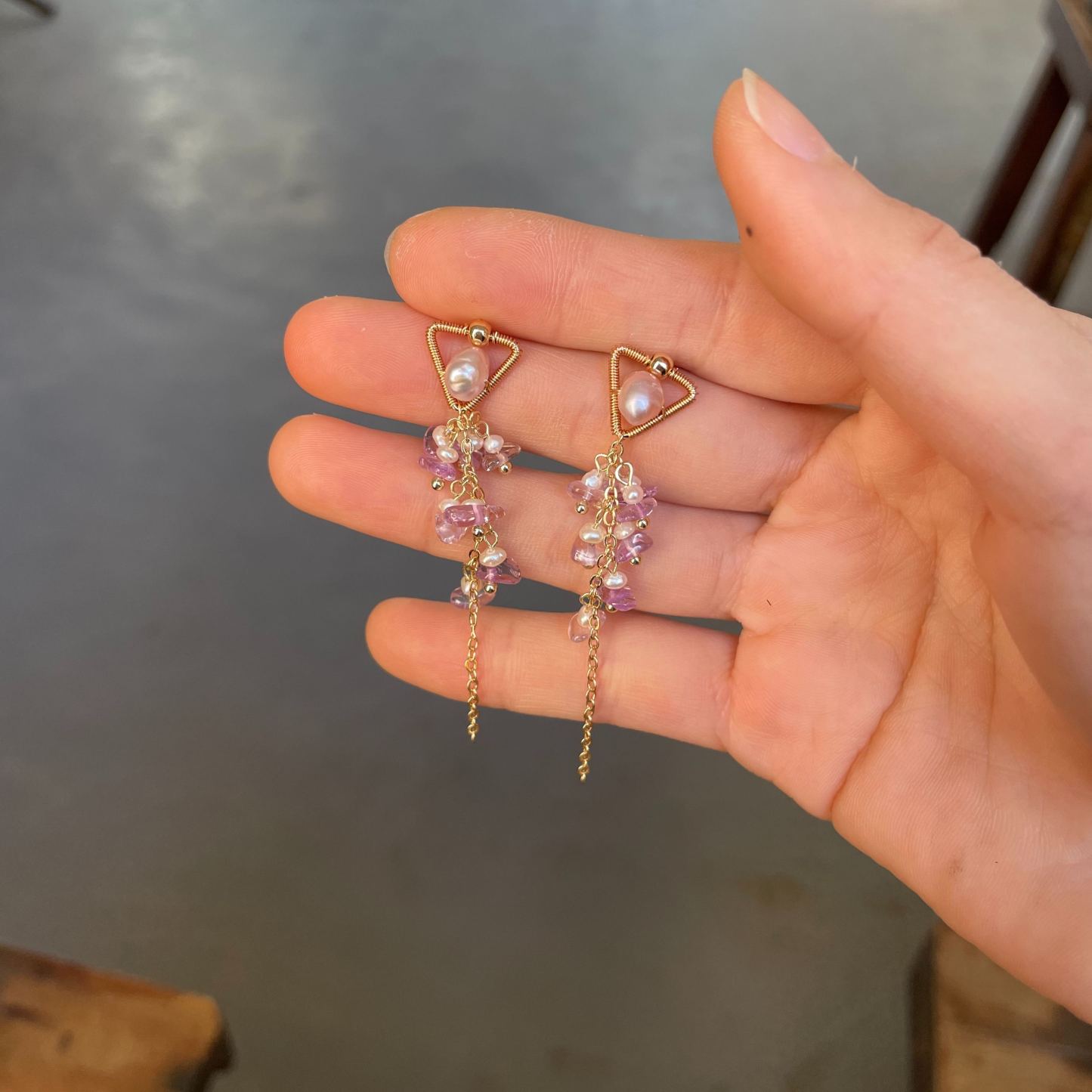 Handmade Lavender Pearl Set in Triangle Earrings with Amethyst and Pearls Fringe