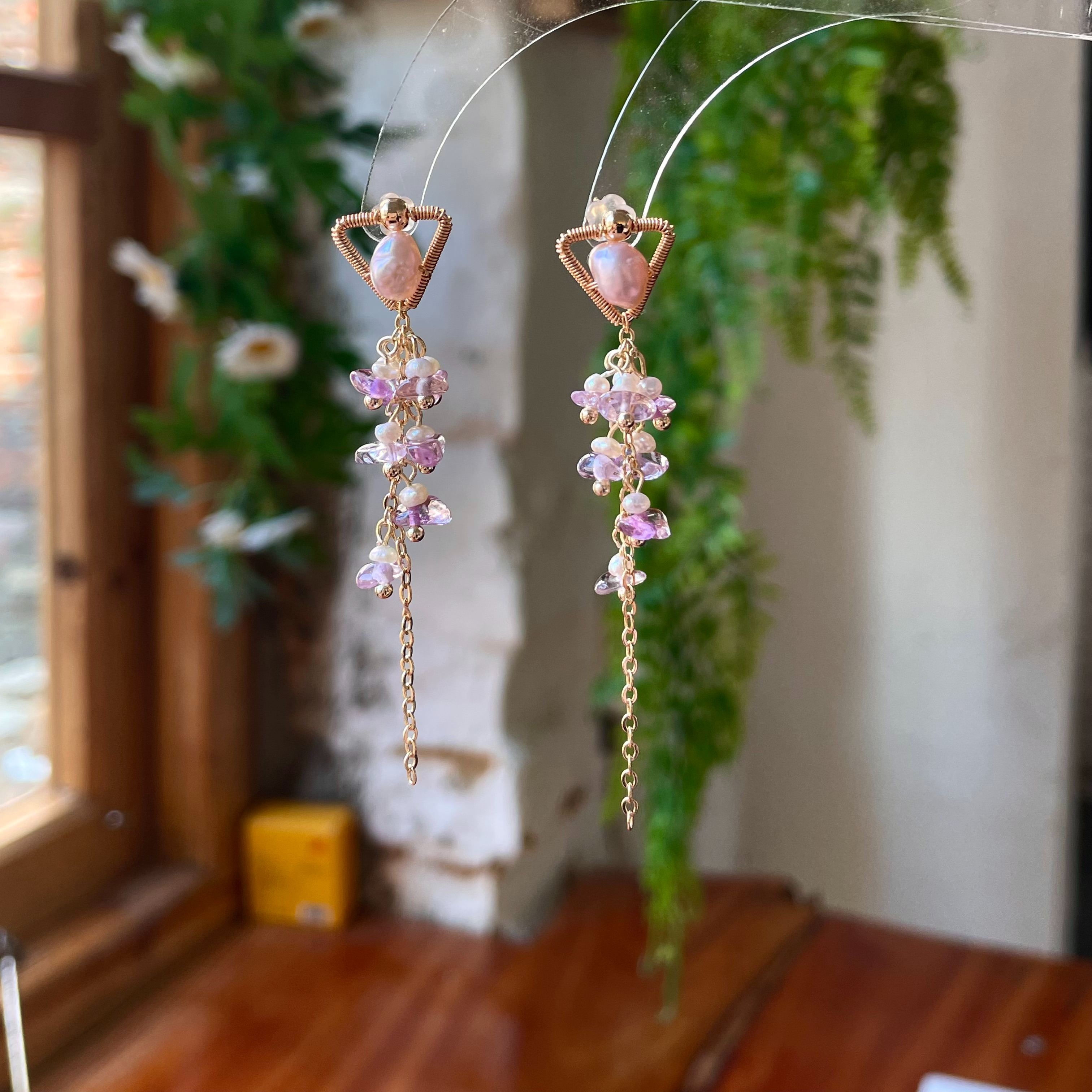 Handmade Lavender Pearl Set in Triangle Earrings with Amethyst and Pearls Fringe