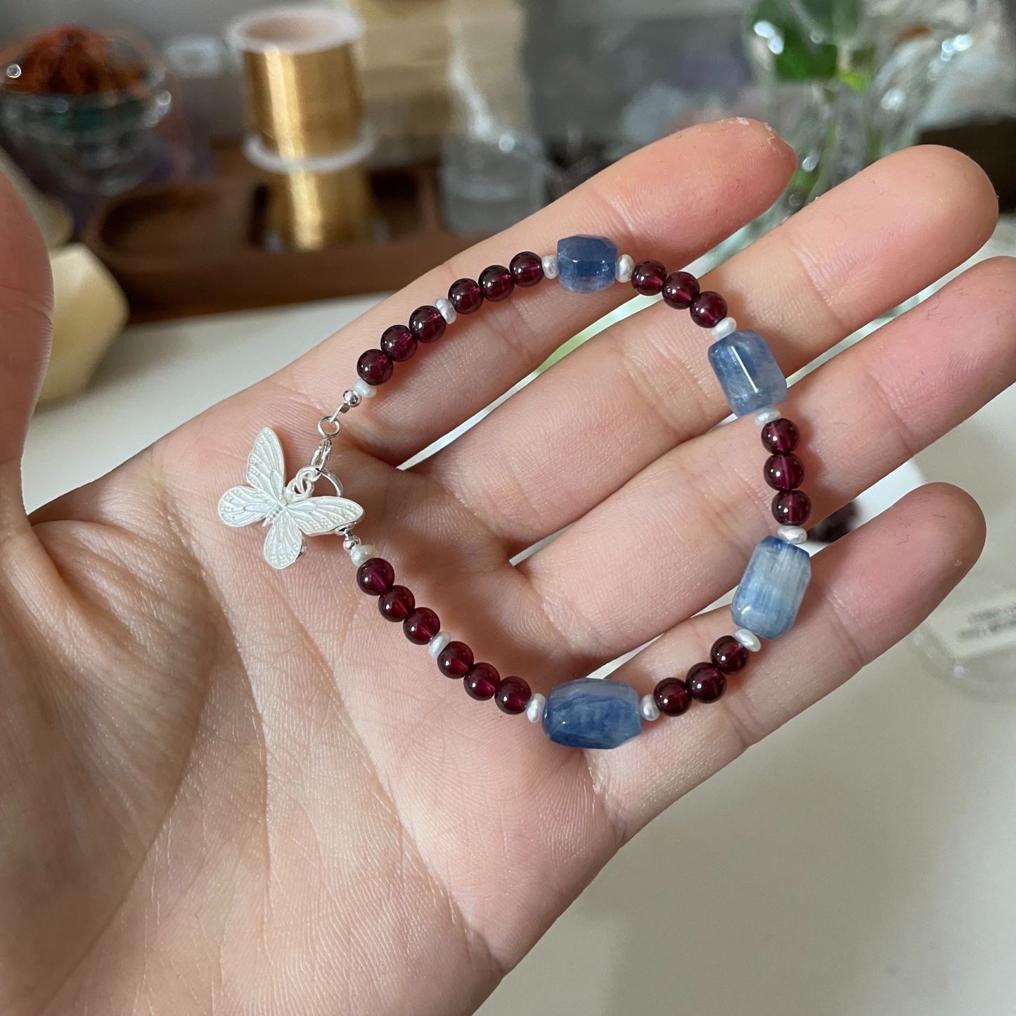 Handmade Garnet and Kyanite Bracelet with Sterling Silver Butterfly Charm