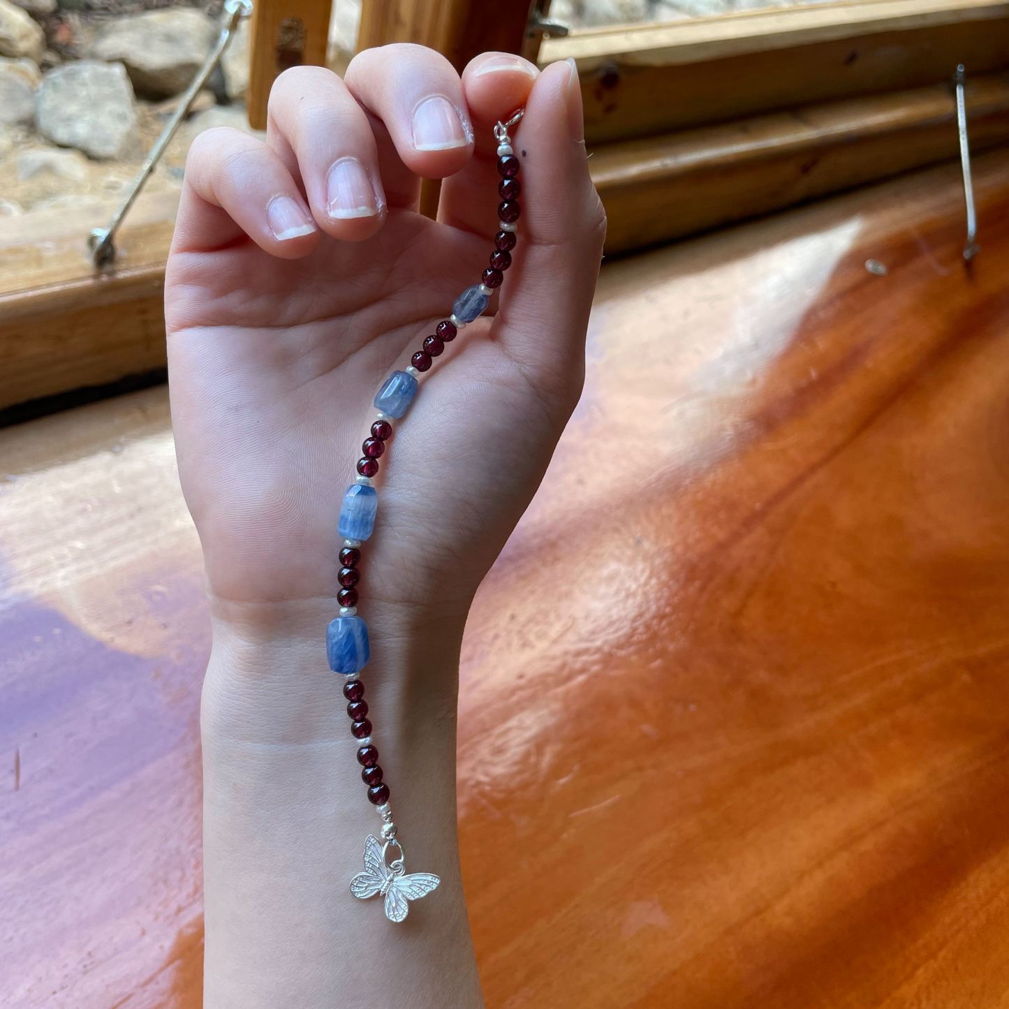 Handmade Garnet and Kyanite Bracelet with Sterling Silver Butterfly Charm