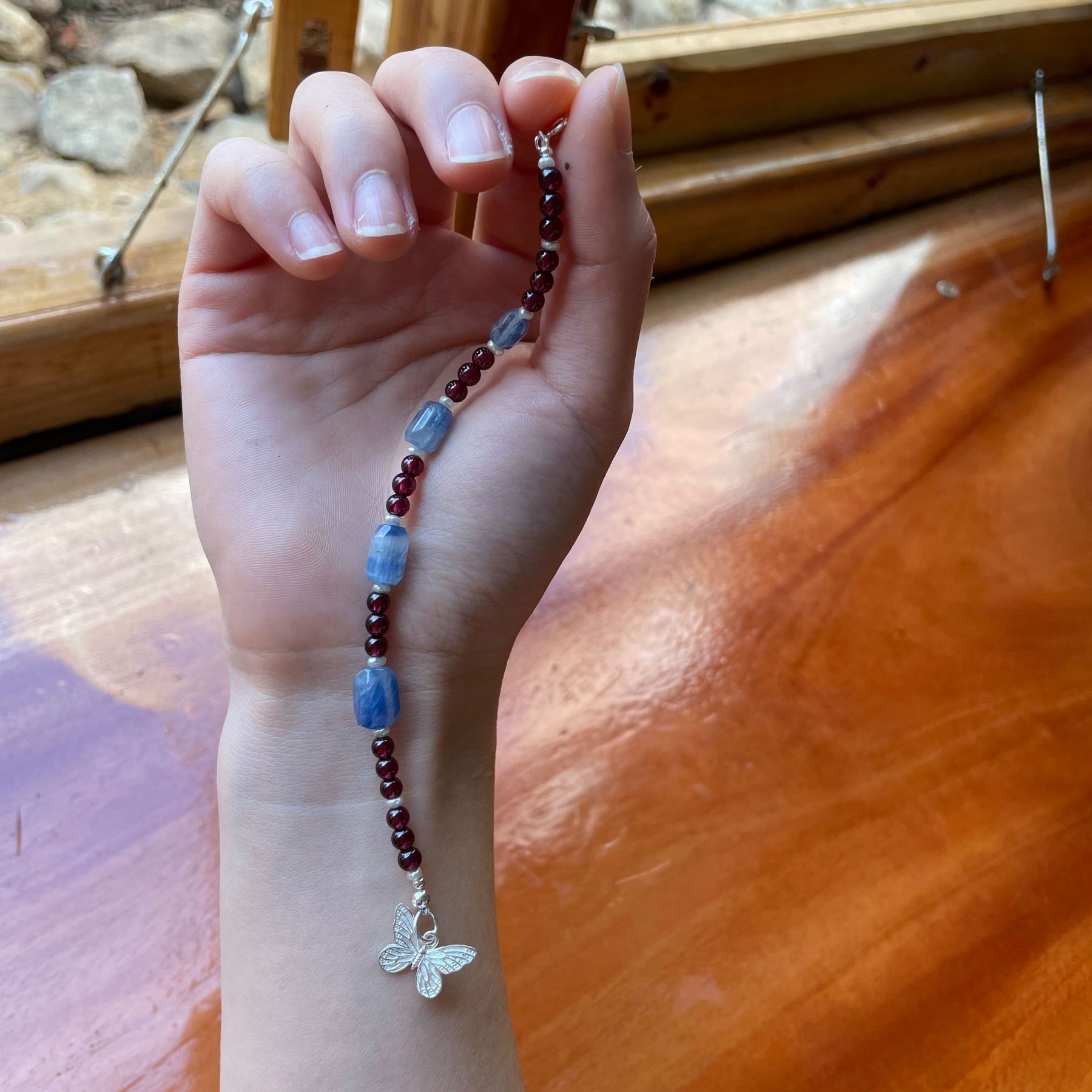 Handmade Garnet and Kyanite Bracelet with Sterling Silver Butterfly Charm