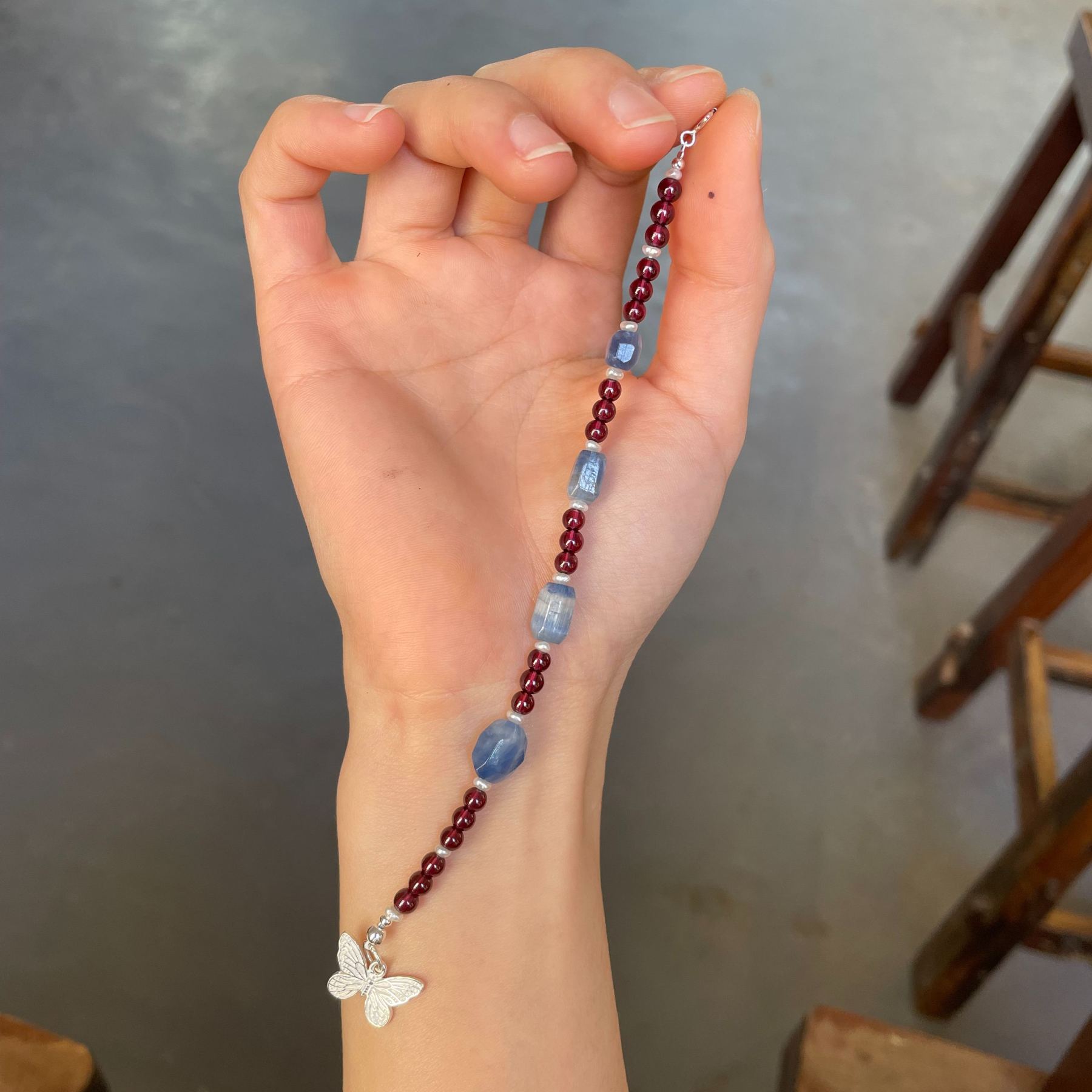 Handmade Garnet and Kyanite Bracelet with Sterling Silver Butterfly Charm