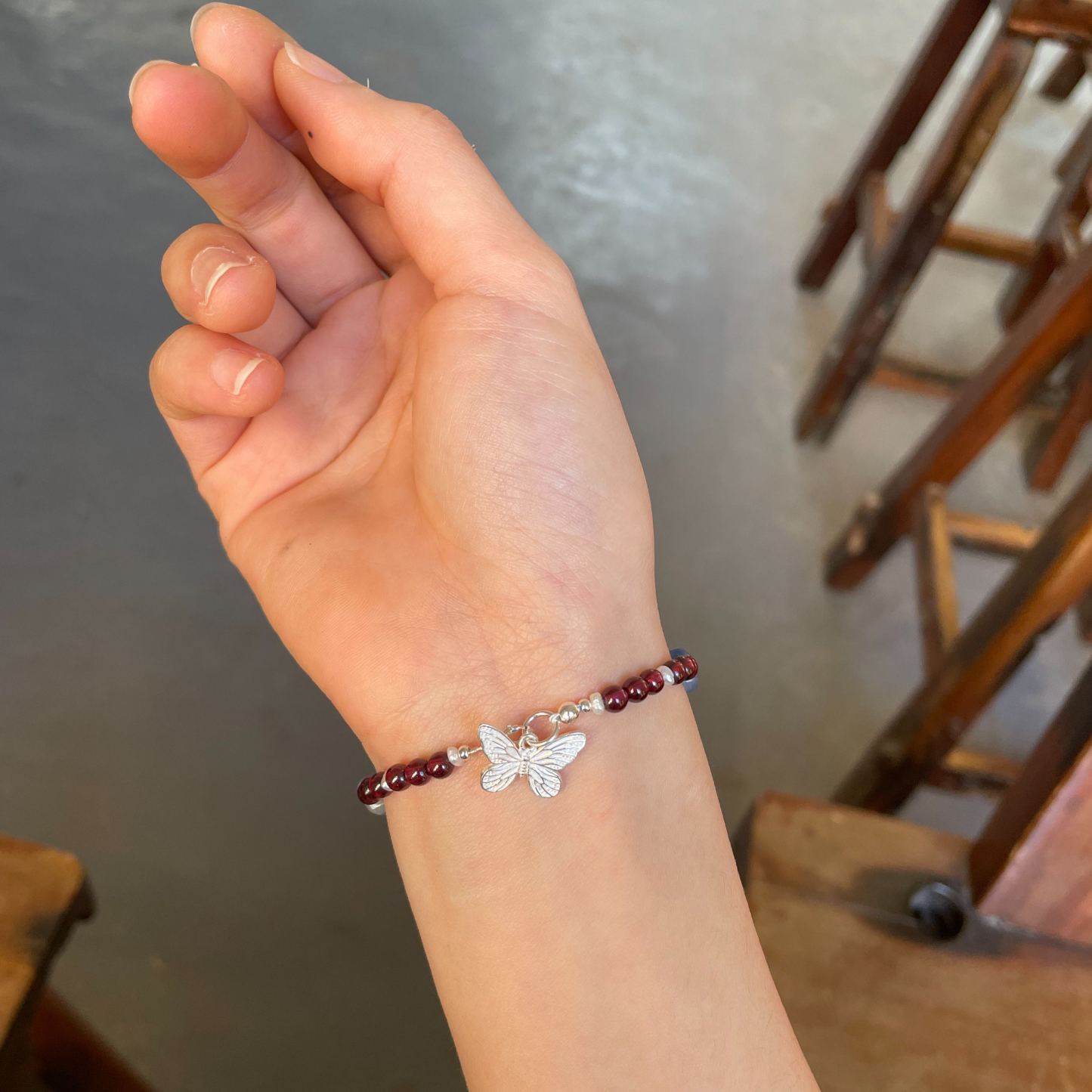 Handmade Garnet and Kyanite Bracelet with Sterling Silver Butterfly Charm