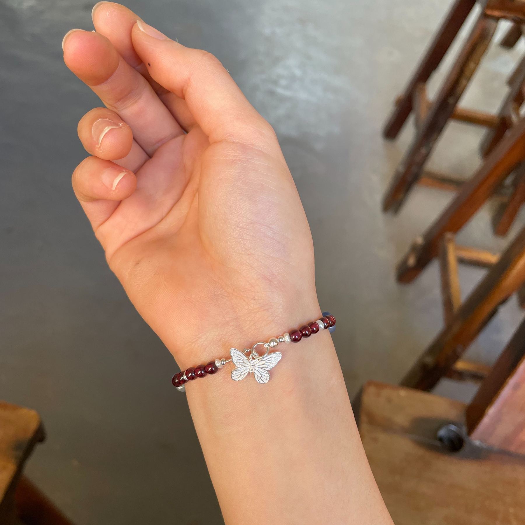 Handmade Garnet and Kyanite Bracelet with Sterling Silver Butterfly Charm