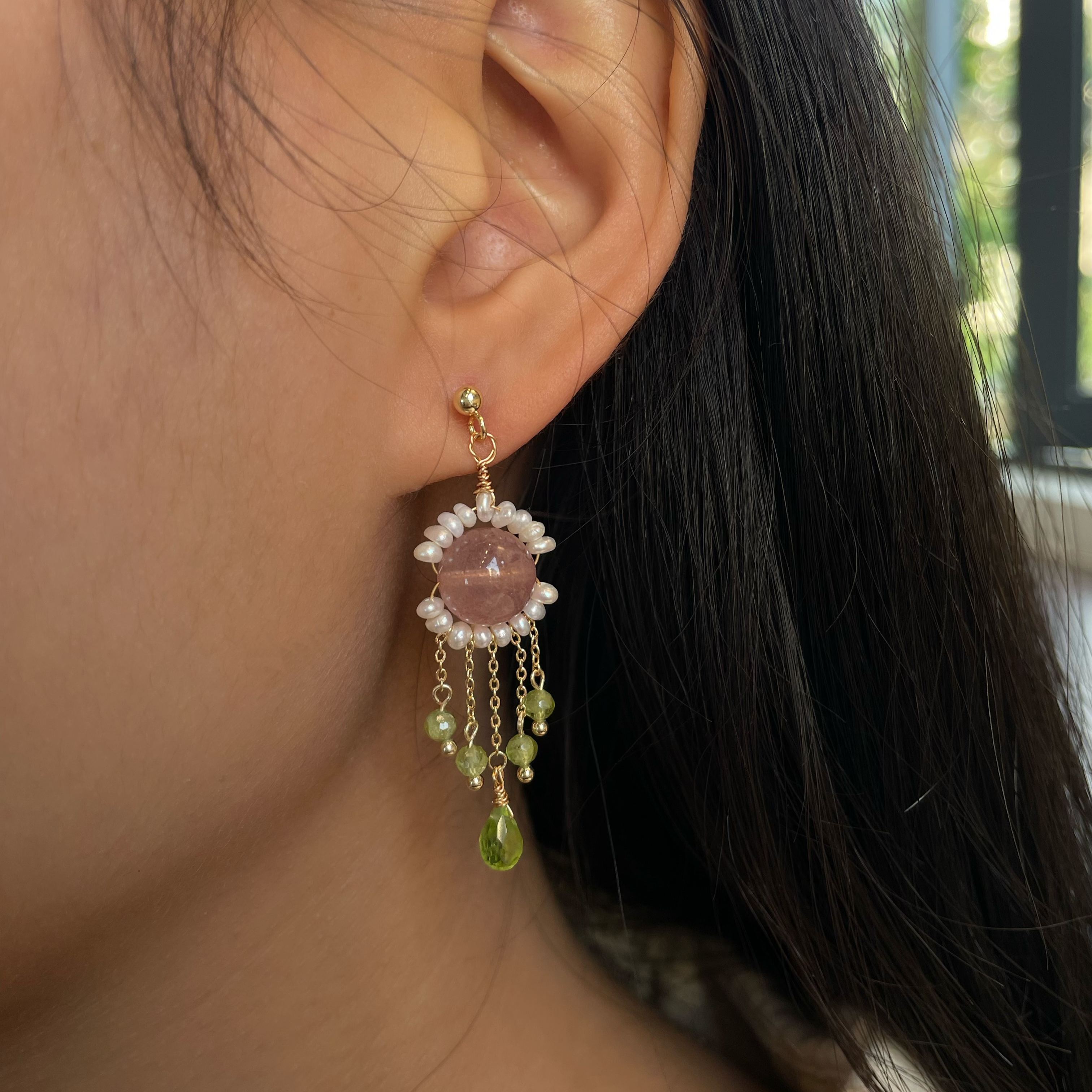 Handmade Strawberry Quartz Pearl Halo Earrings with Peridot Tassels