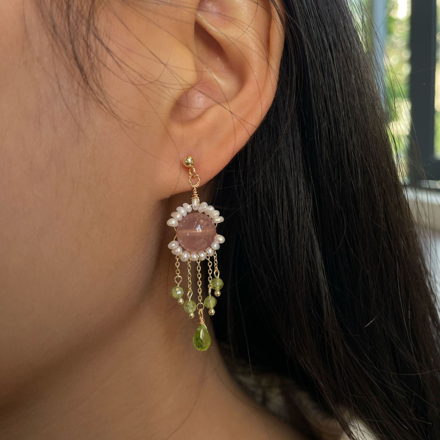 Handmade Strawberry Quartz Pearl Halo Earrings with Peridot Tassels