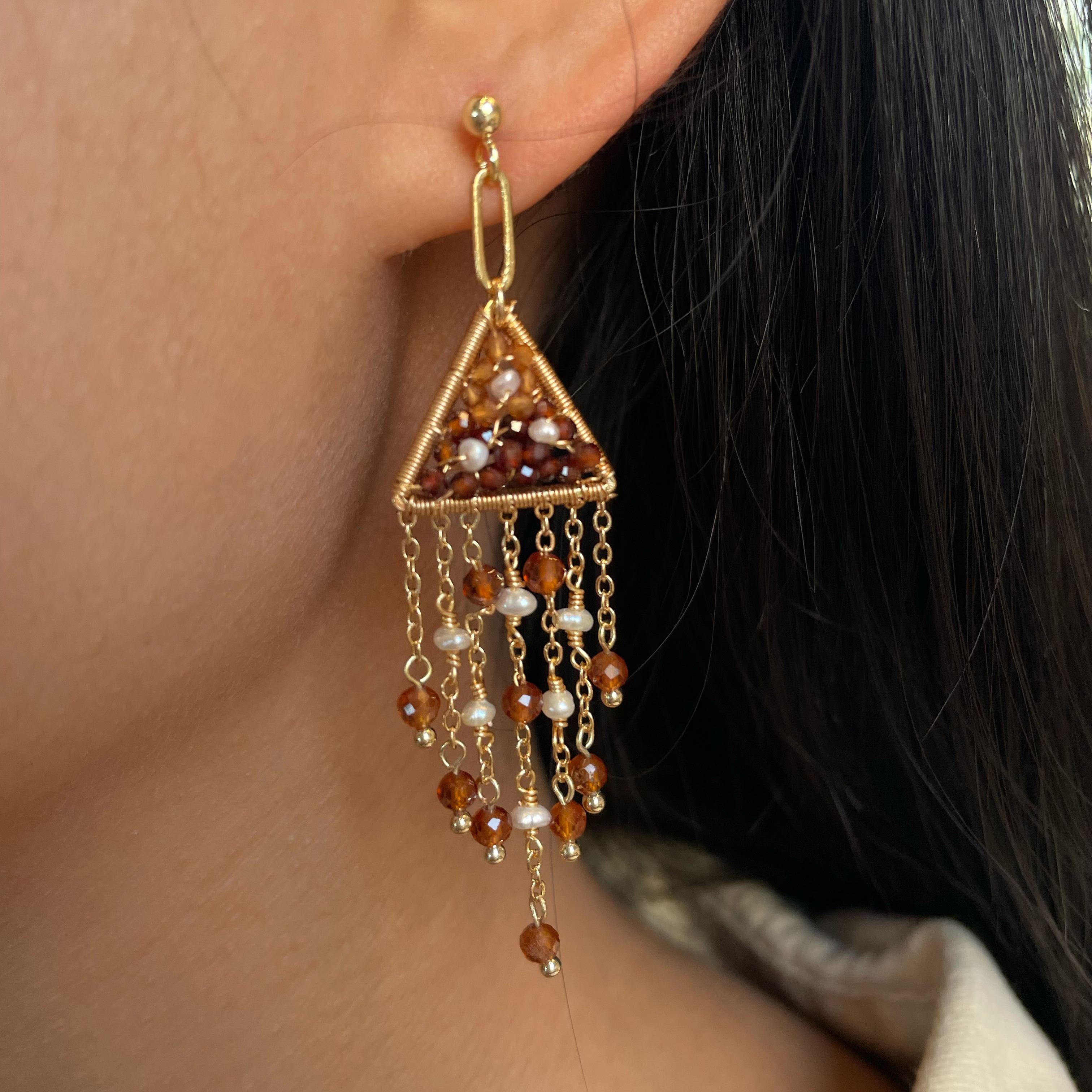 handmadeHessonite Garnet Triangle Tassel Earrings with Freshwater Pearls
