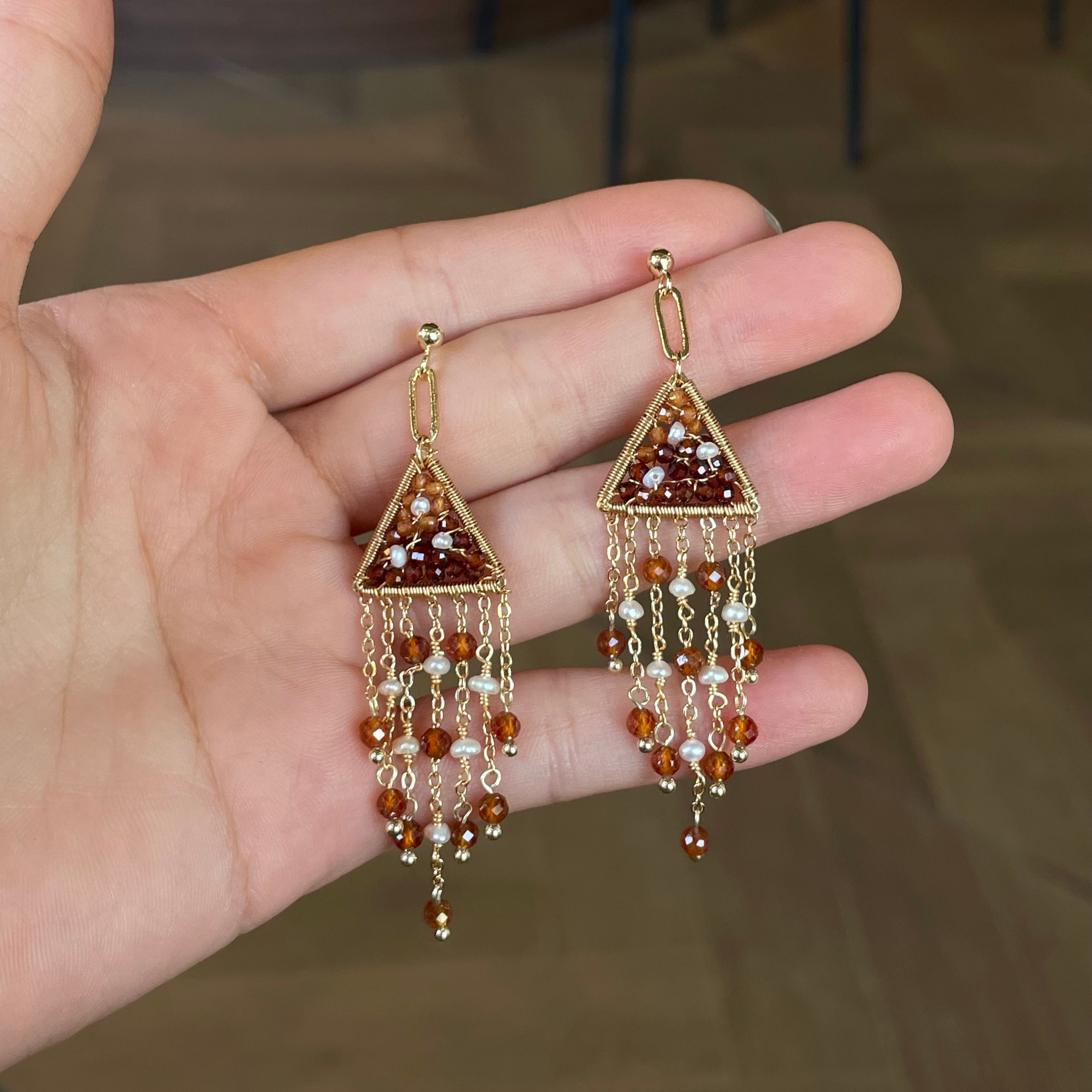 handmadeHessonite Garnet Triangle Tassel Earrings with Freshwater Pearls