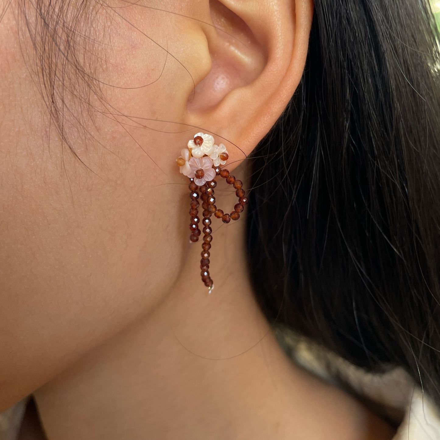 Handmade Floral Earrings Shell Flower Cluster with Hessonite Garnet Drops