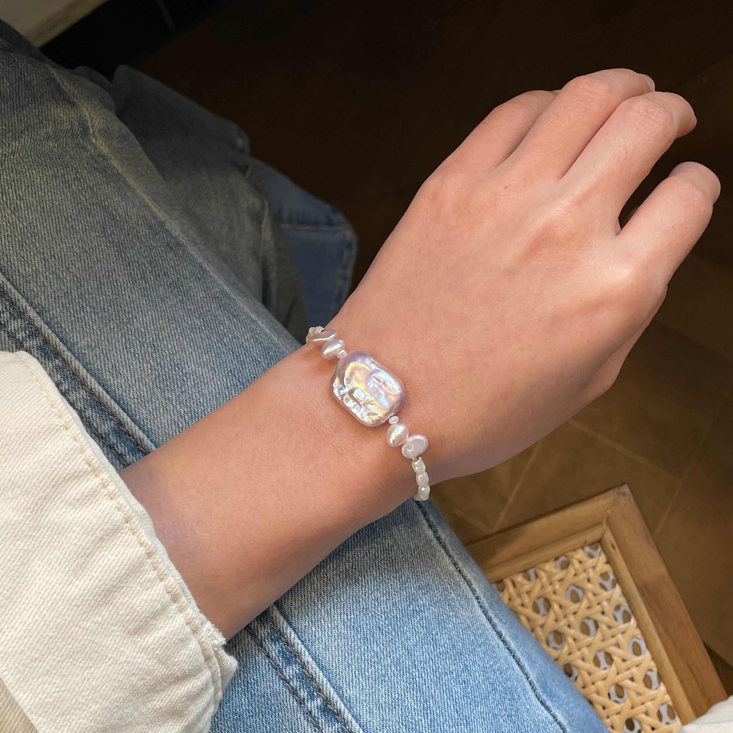 Handmade Keshi Pearls Bracelet with Lavender Baroque Pearl Centre One of a Kind