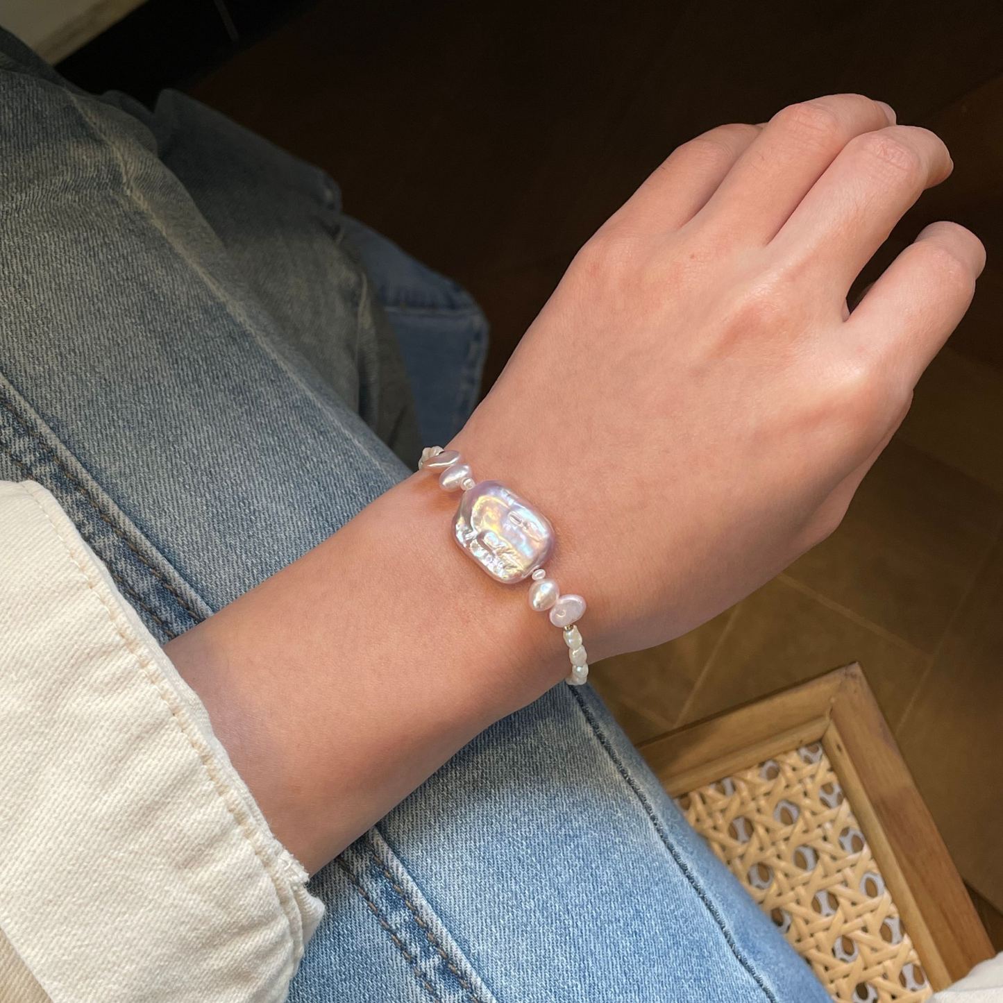 Handmade Keshi Pearls Bracelet with Lavender Baroque Pearl Centre One of a Kind