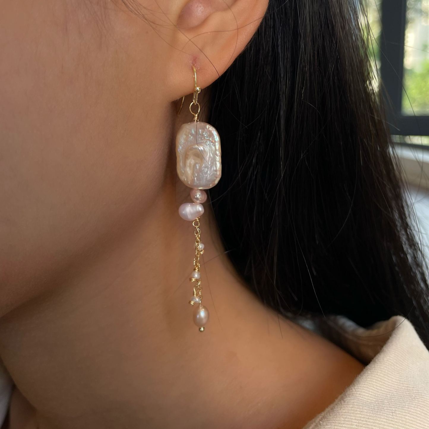 Handmade Lavender Baroque Pearl Square with Tassel Earrings – One of a Kind