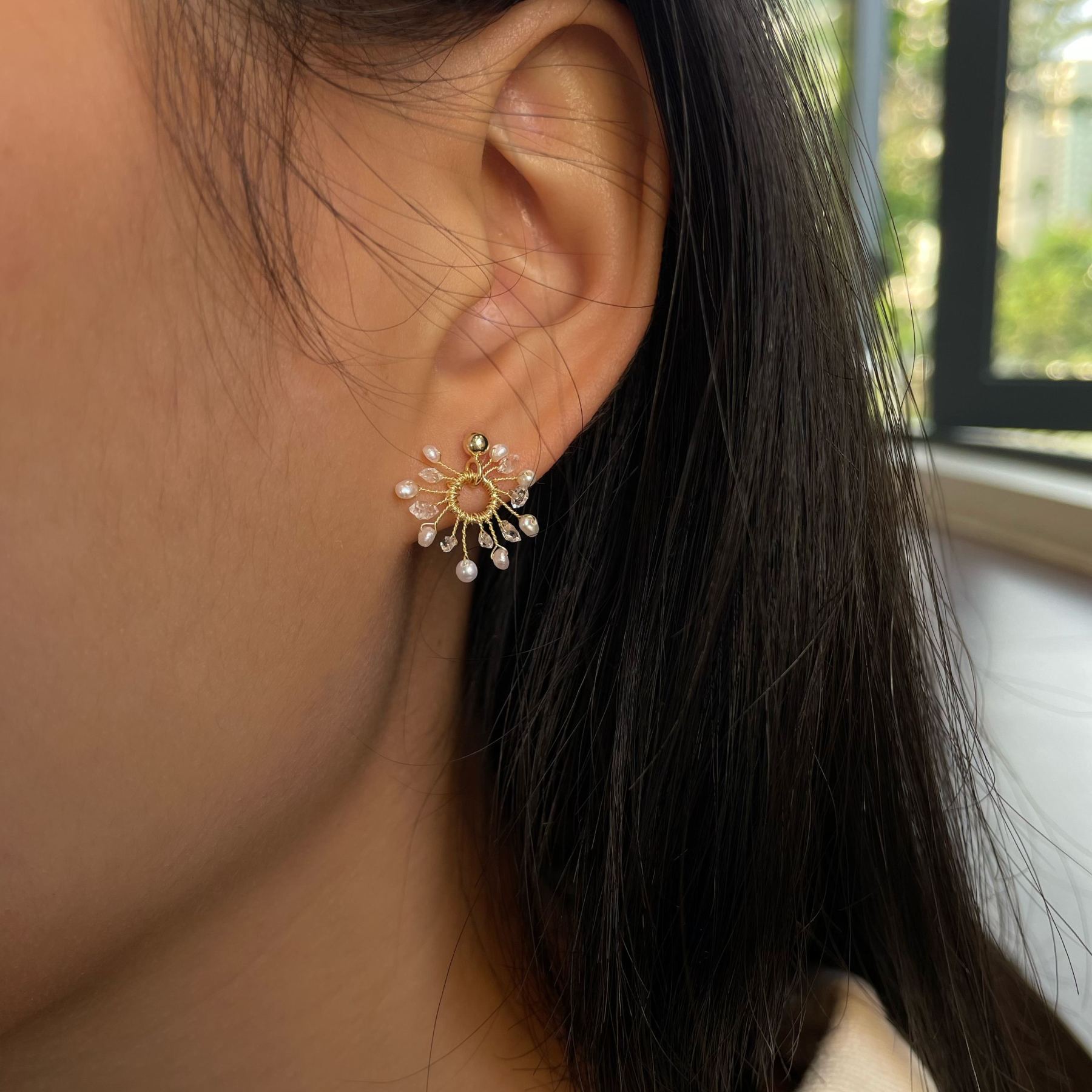 Handmade Herkimer Diamond Firework Pearl Stud Earrings