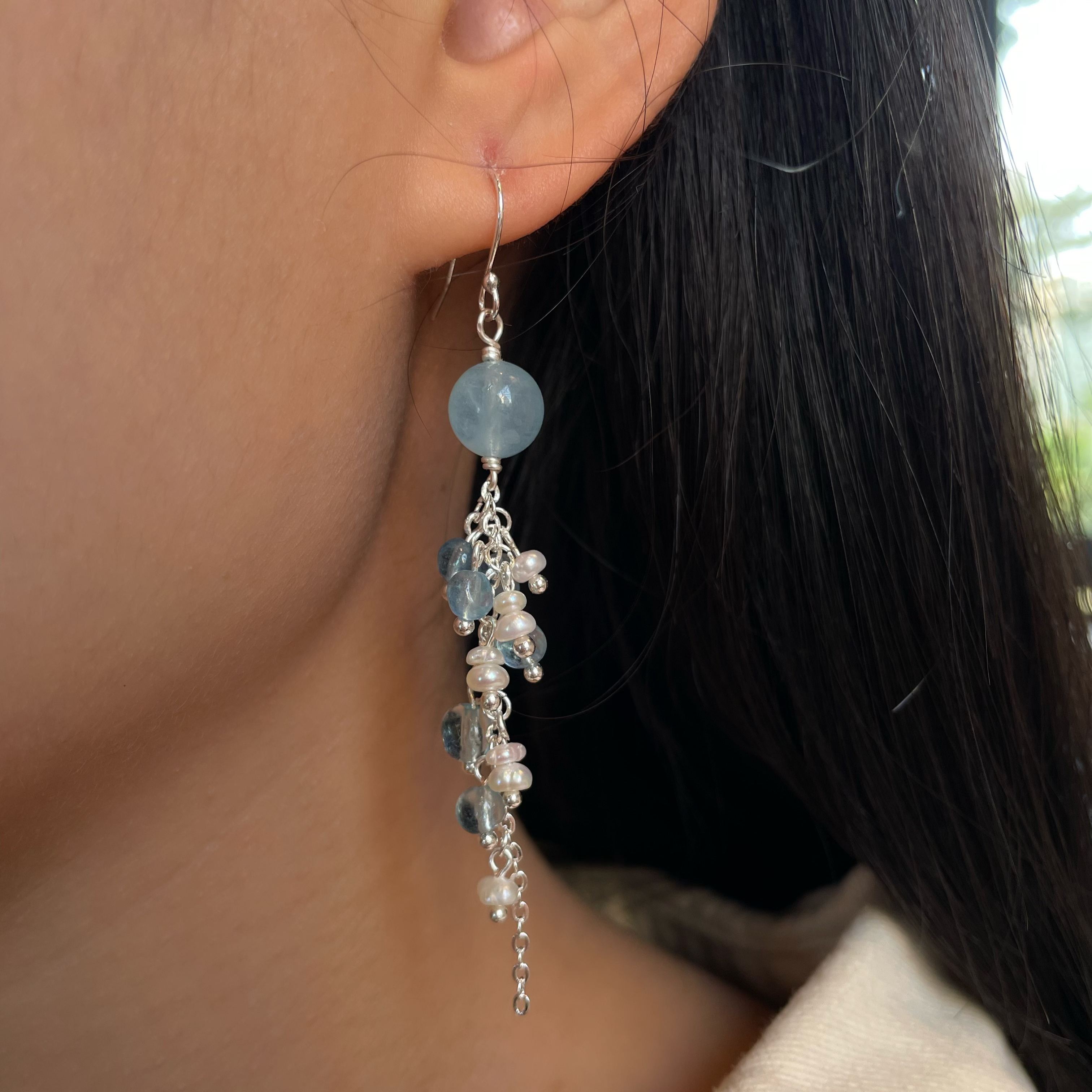 “Sea Salt Summer”Handmade Aquamarine and Pearl Tassel Earrings 
