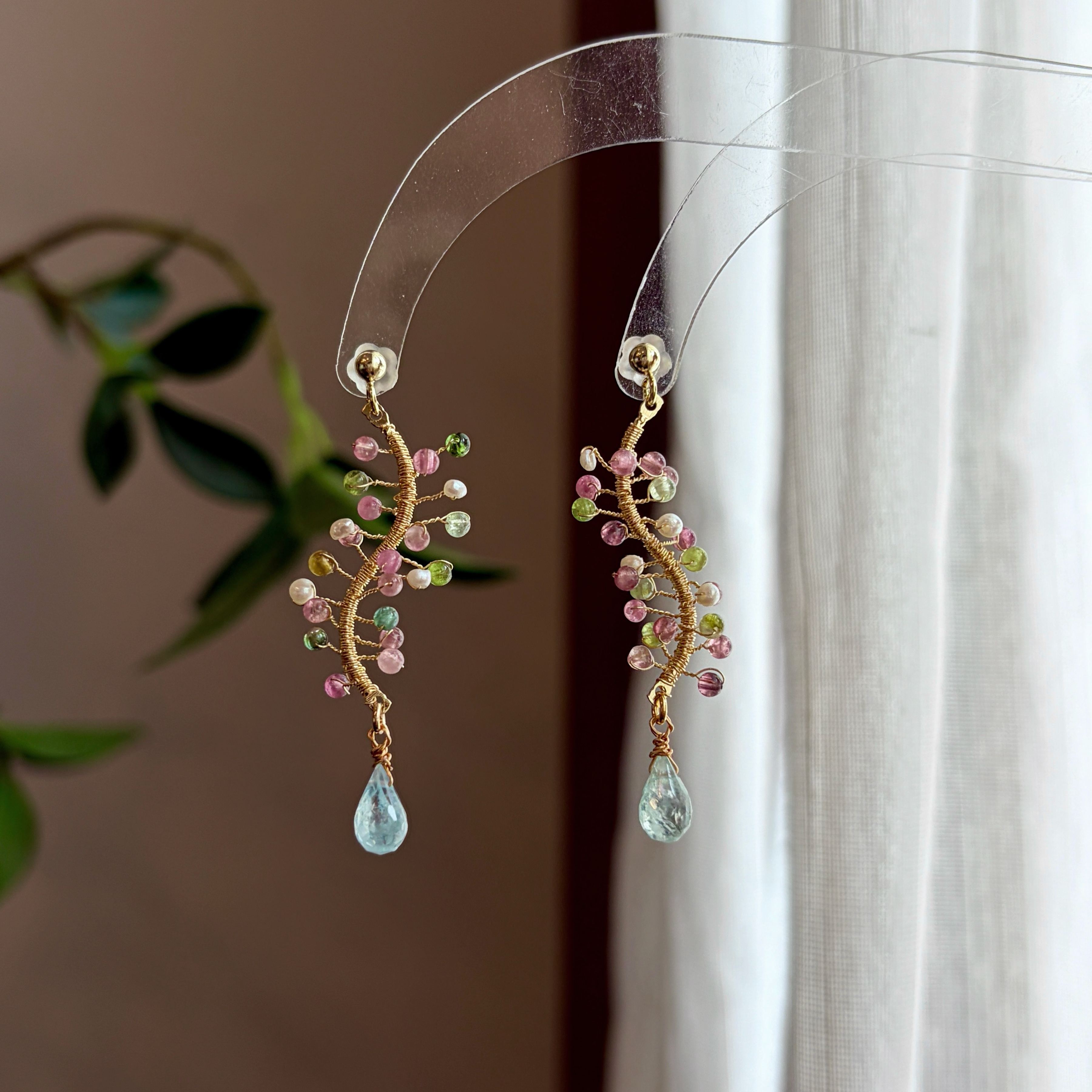 Handmade Tourmaline Blossom with Aquamarine Teardrop Earrings