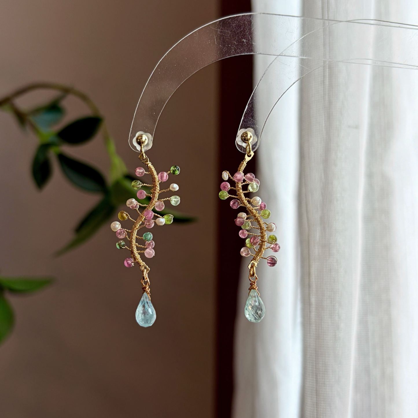 Handmade Tourmaline Blossom with Aquamarine Teardrop Earrings