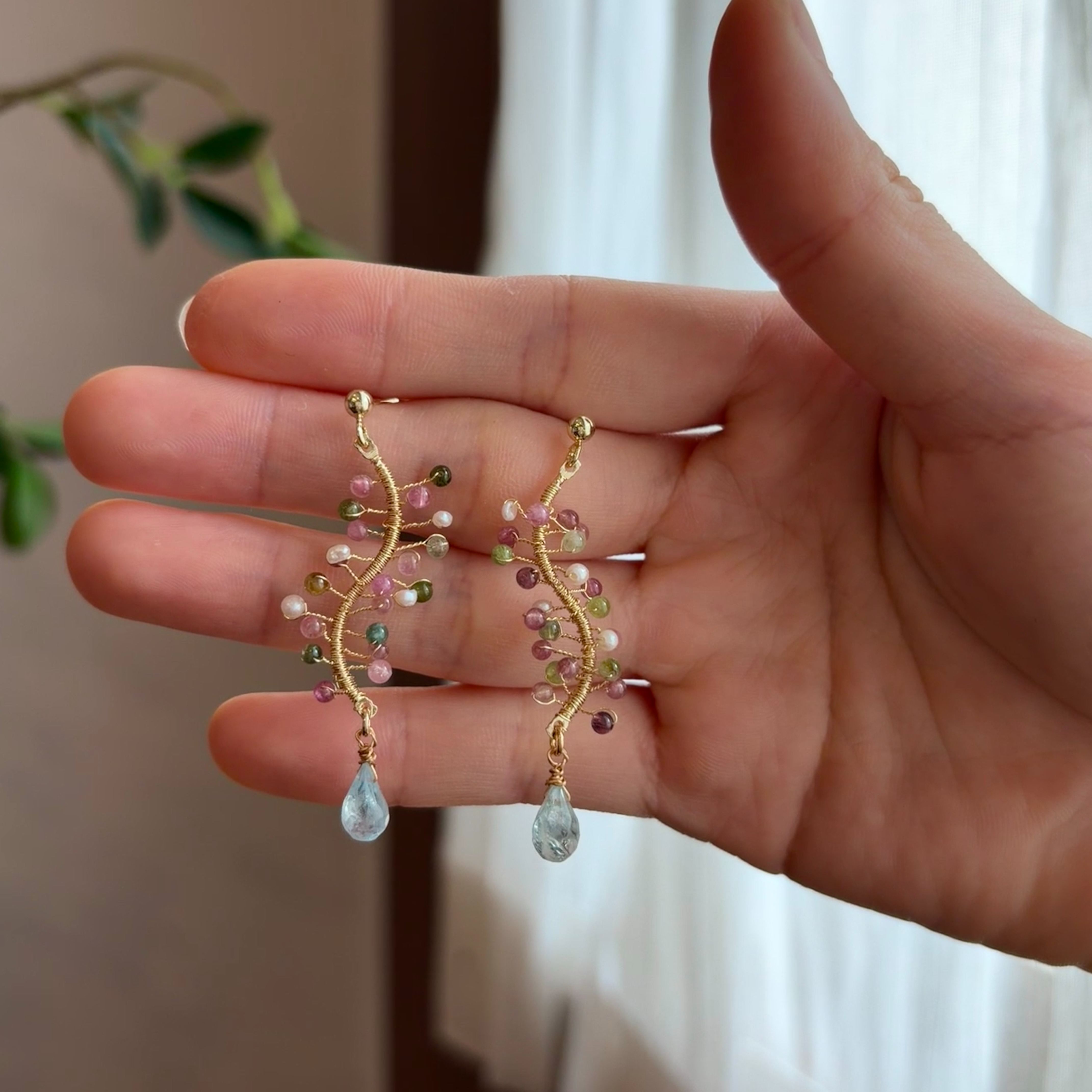 Handmade Tourmaline Blossom with Aquamarine Teardrop Earrings