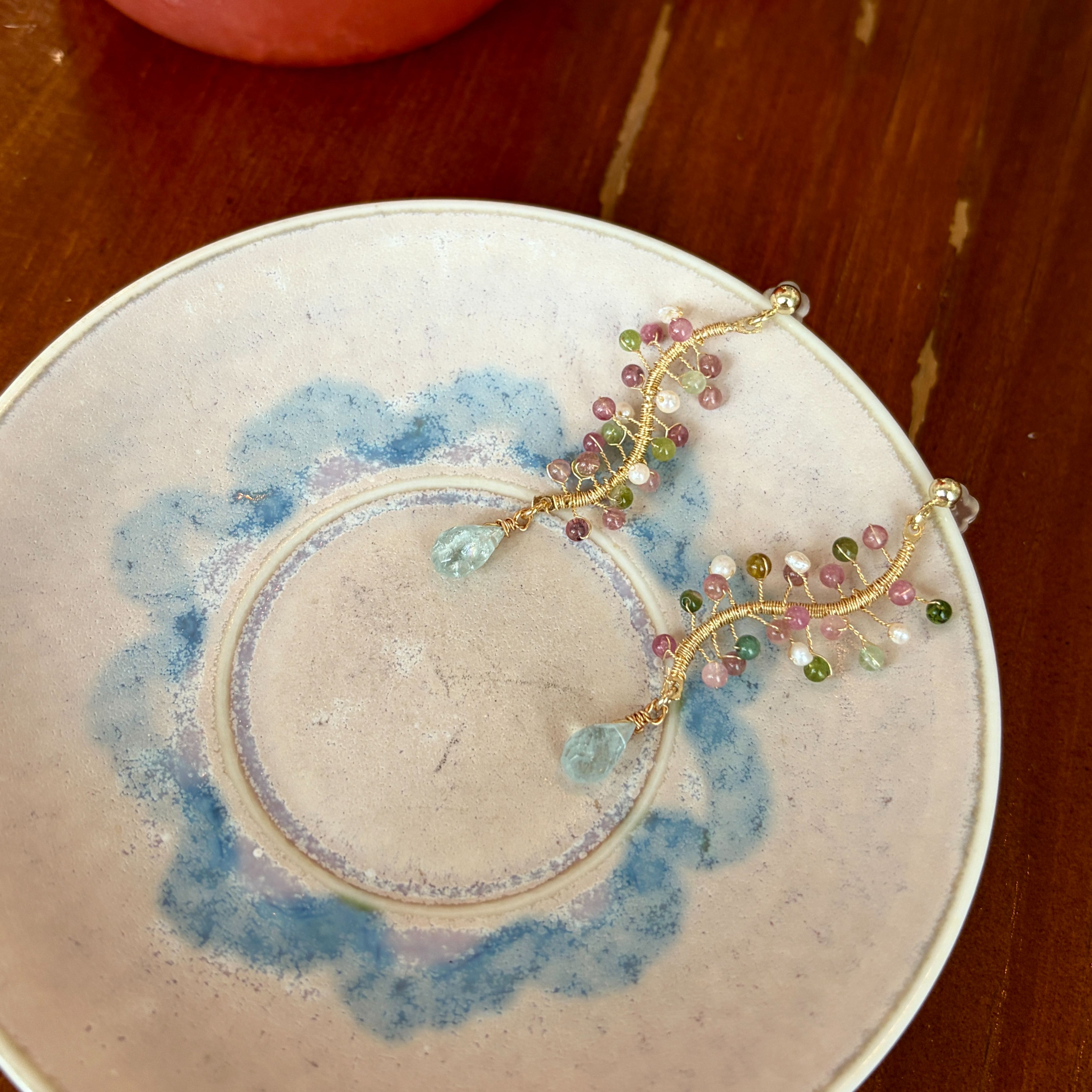 Handmade Tourmaline Blossom with Aquamarine Teardrop Earrings