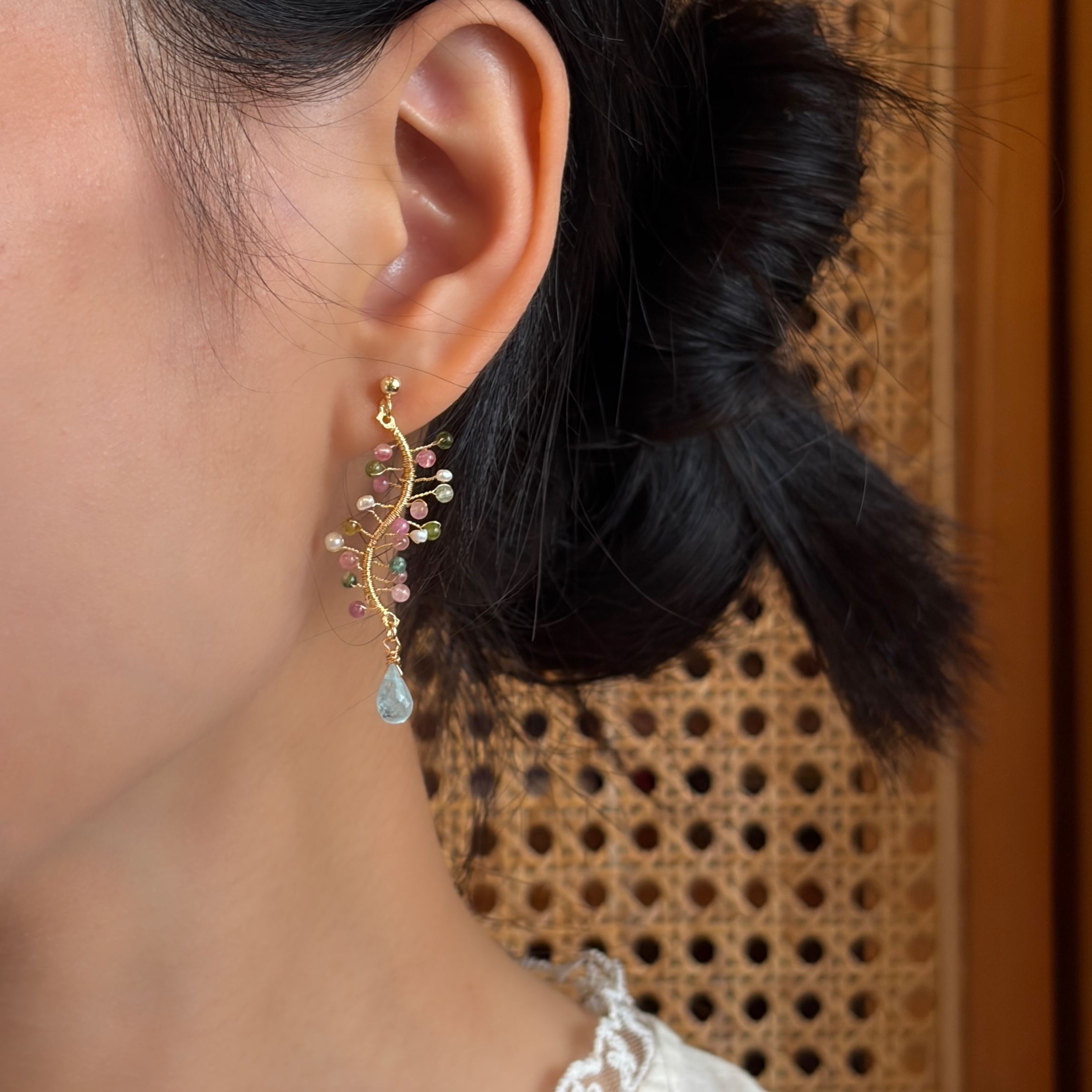 Handmade Tourmaline Blossom with Aquamarine Teardrop Earrings