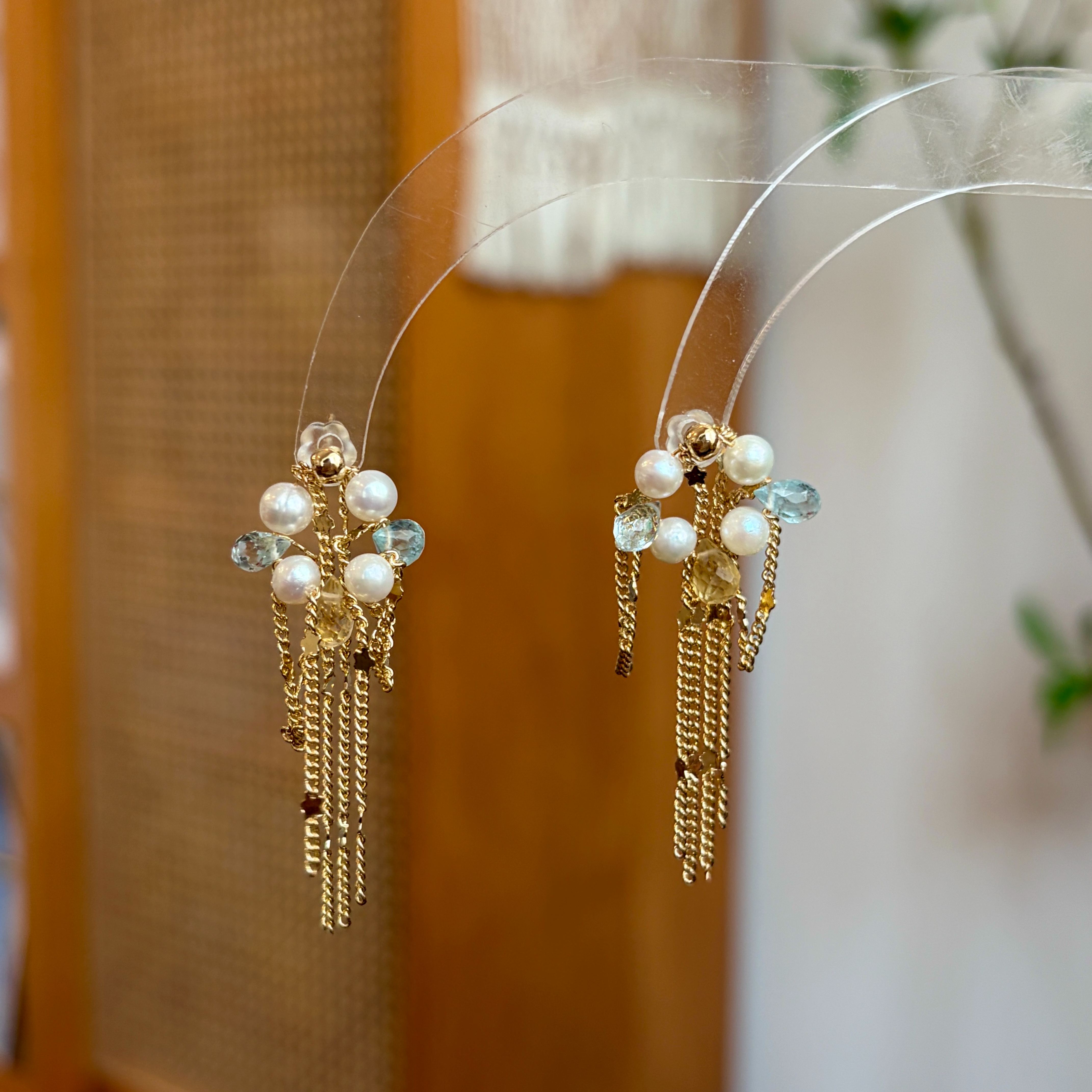 Handmade Pearl Aquamarine Citrine Star Tassel Earrings Celestial