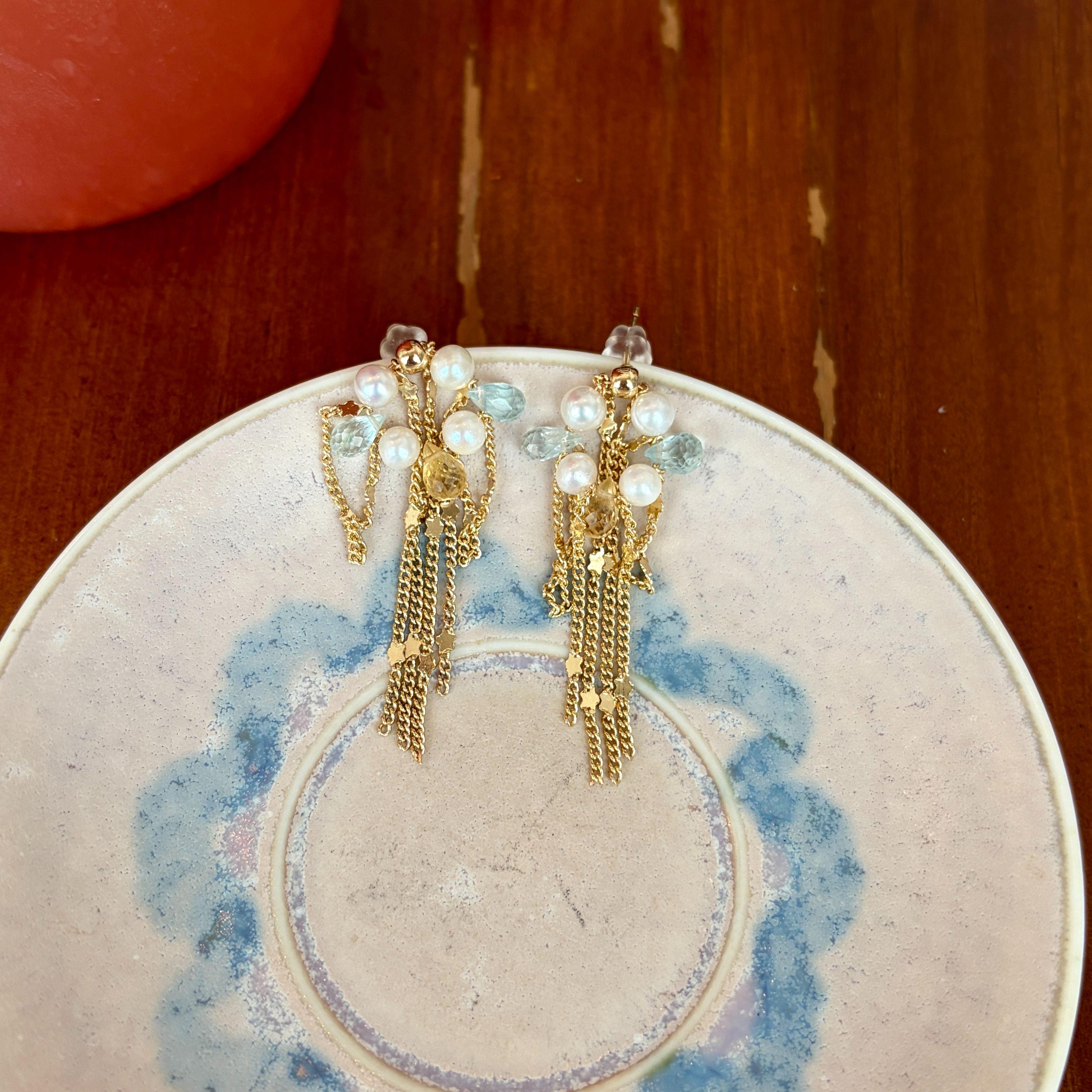 Handmade Pearl Aquamarine Citrine Star Tassel Earrings Celestial