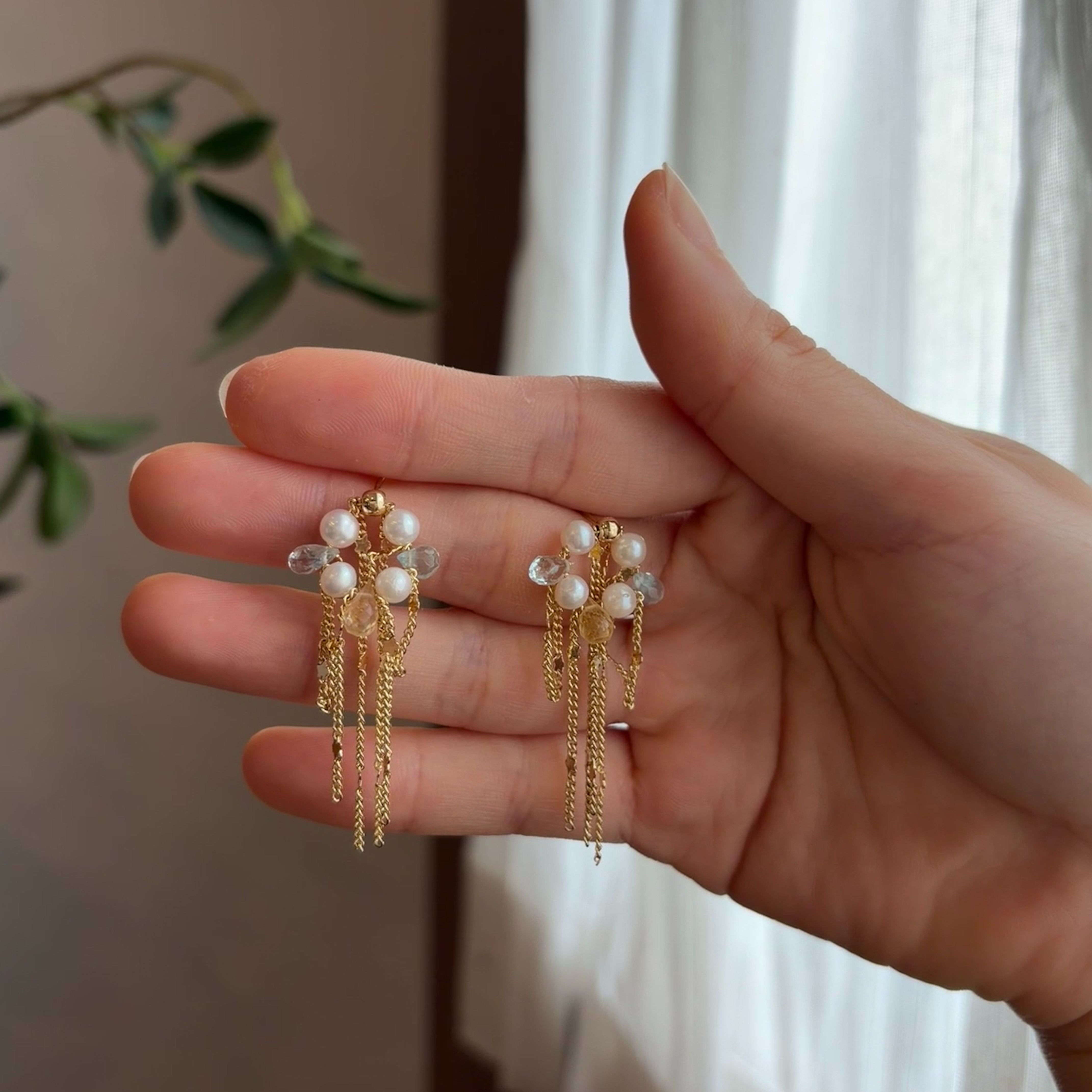 Handmade Pearl Aquamarine Citrine Star Tassel Earrings Celestial