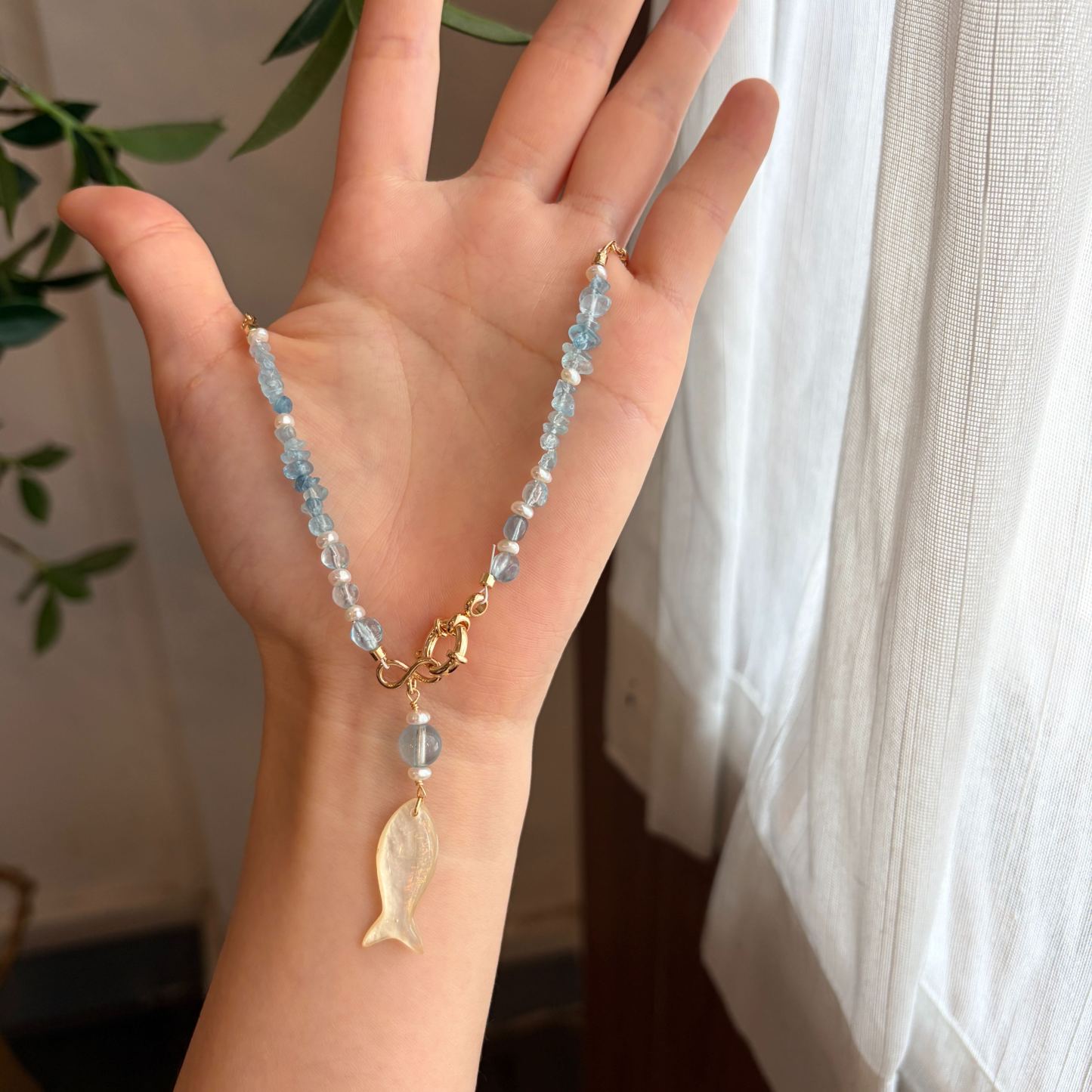 Handmade Aquamarine and Pearls Necklace with Fish Pendant