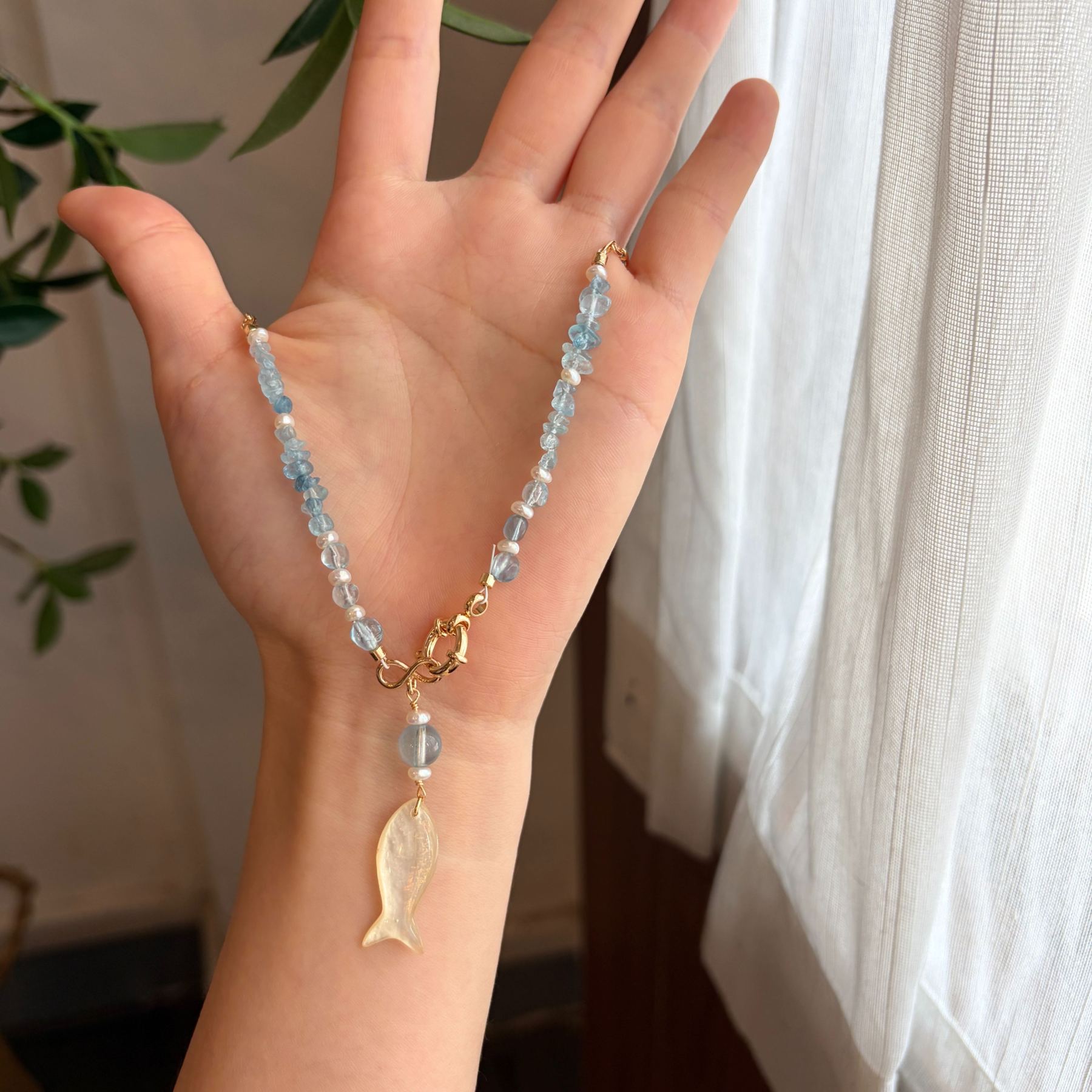 Handmade Aquamarine and Pearls Necklace with Fish Pendant