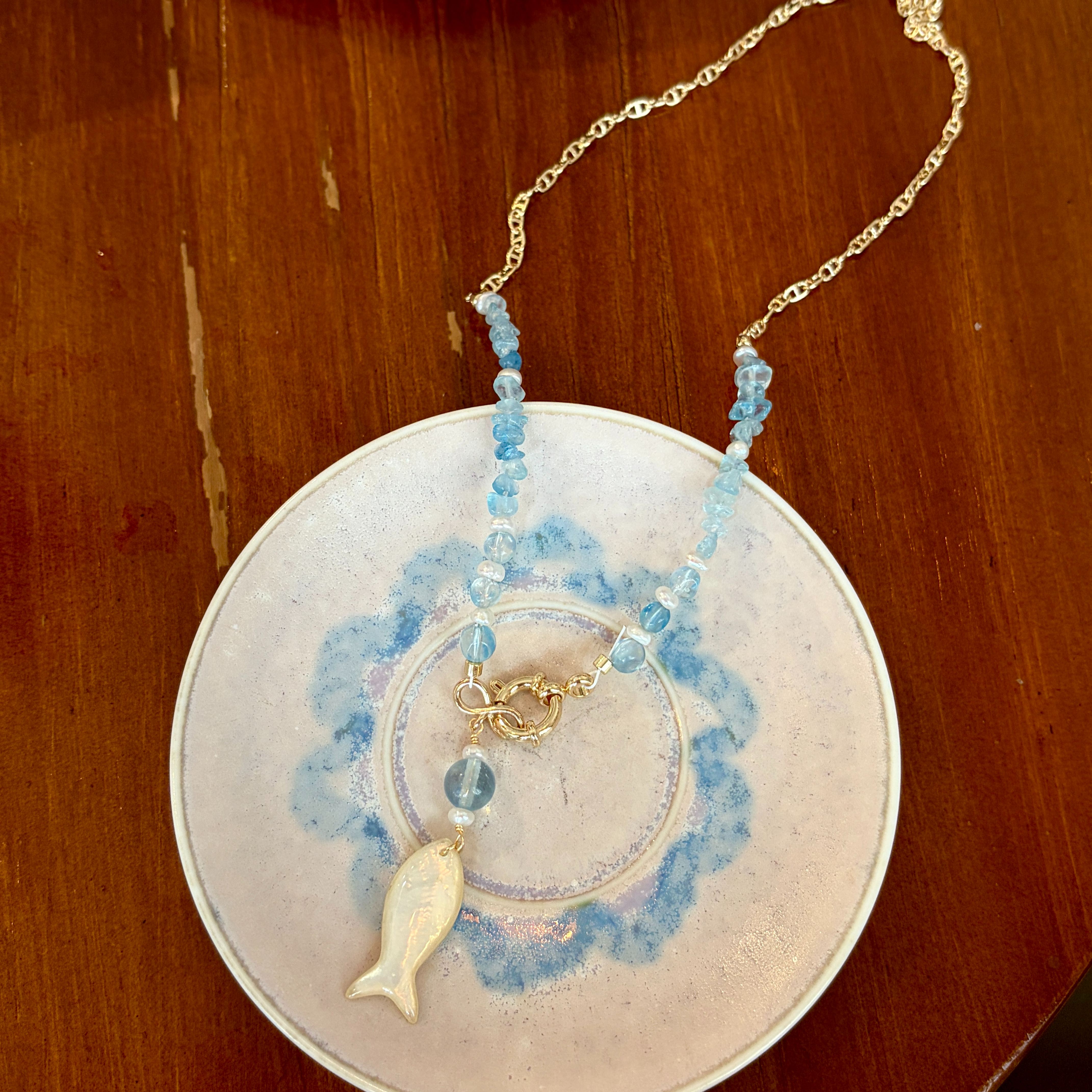 Handmade Aquamarine and Pearls Necklace with Fish Pendant