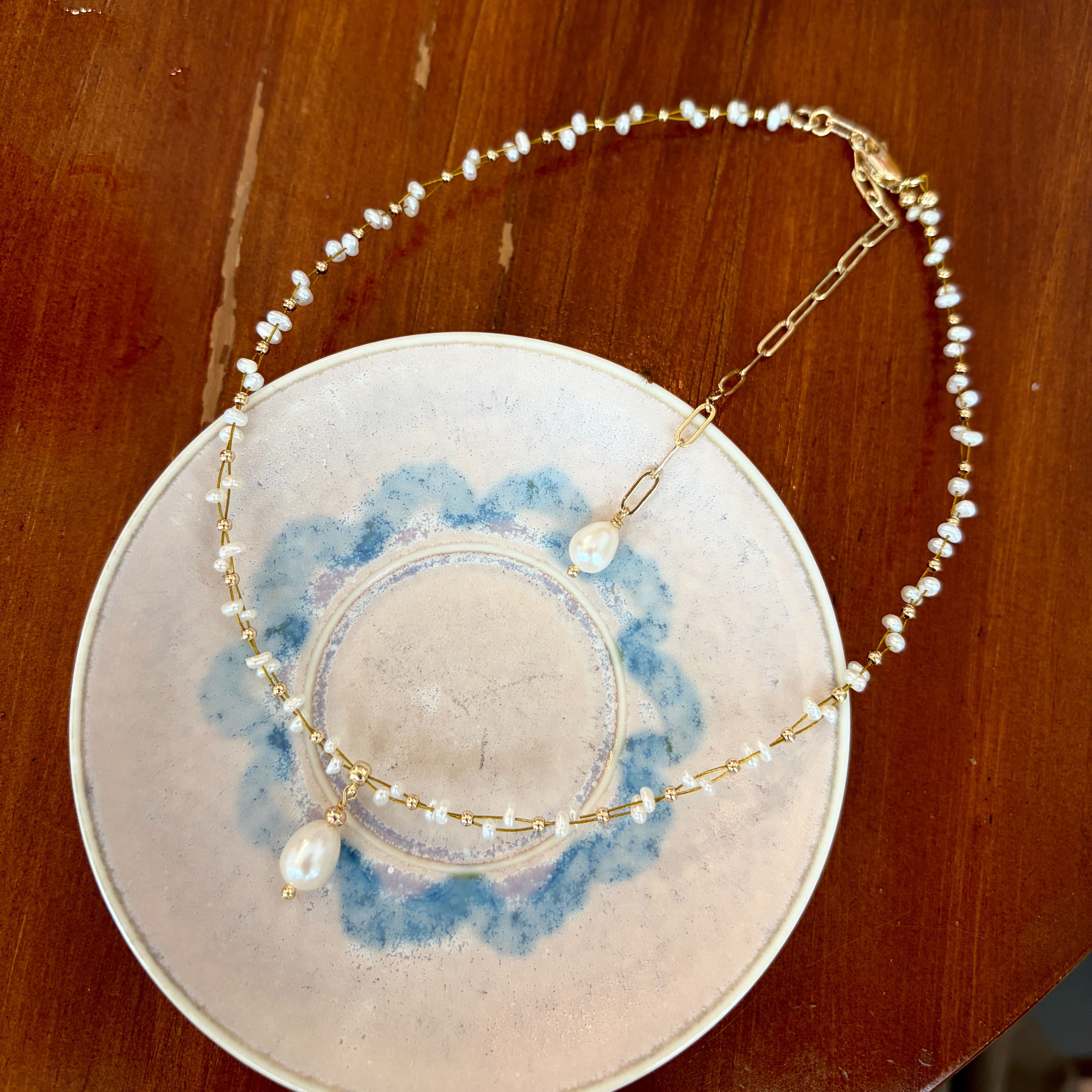 Handmade Dual Line Pearls Satellite Necklace with a Rice-Shaped Pendant