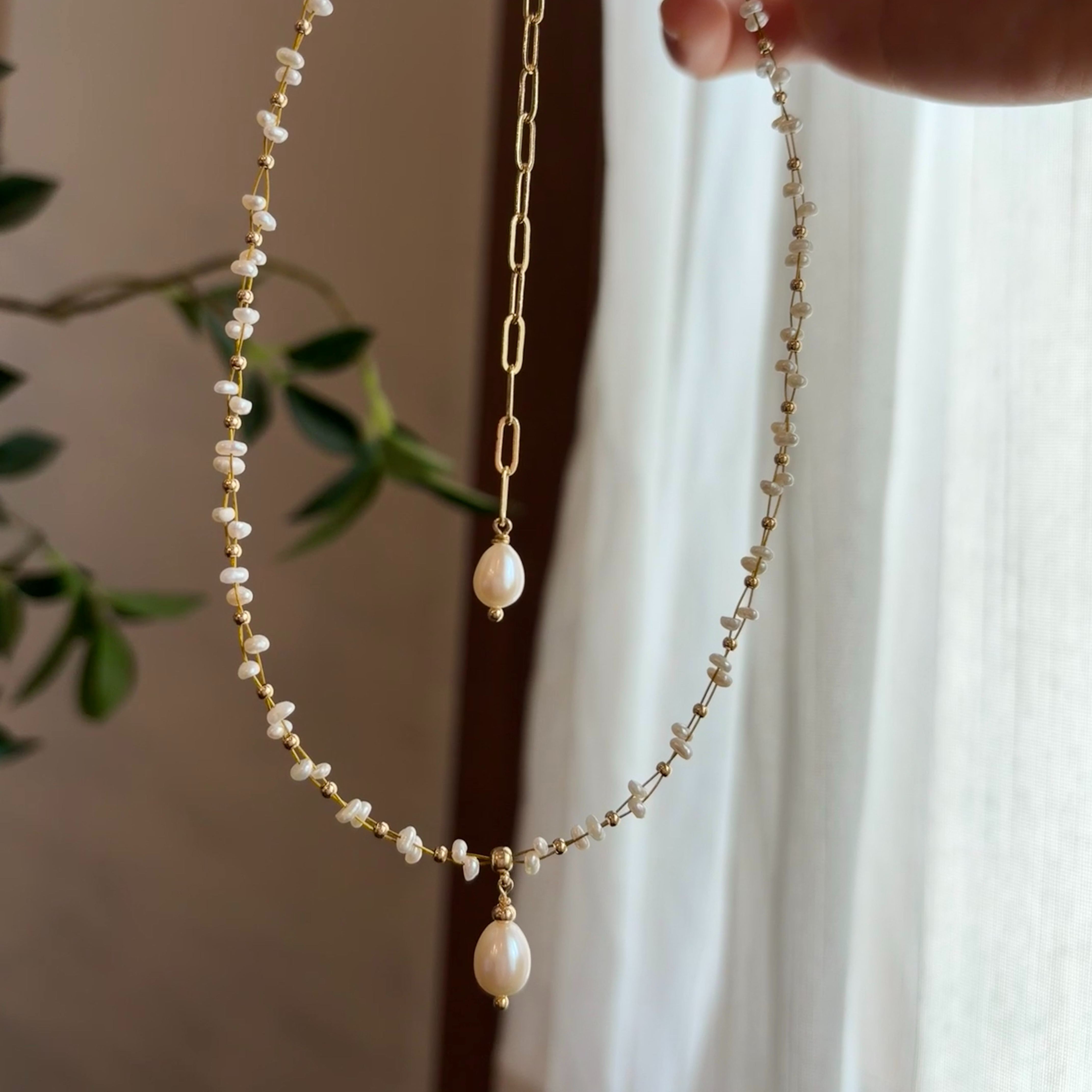Handmade Dual Line Pearls Satellite Necklace with a Rice-Shaped Pendant