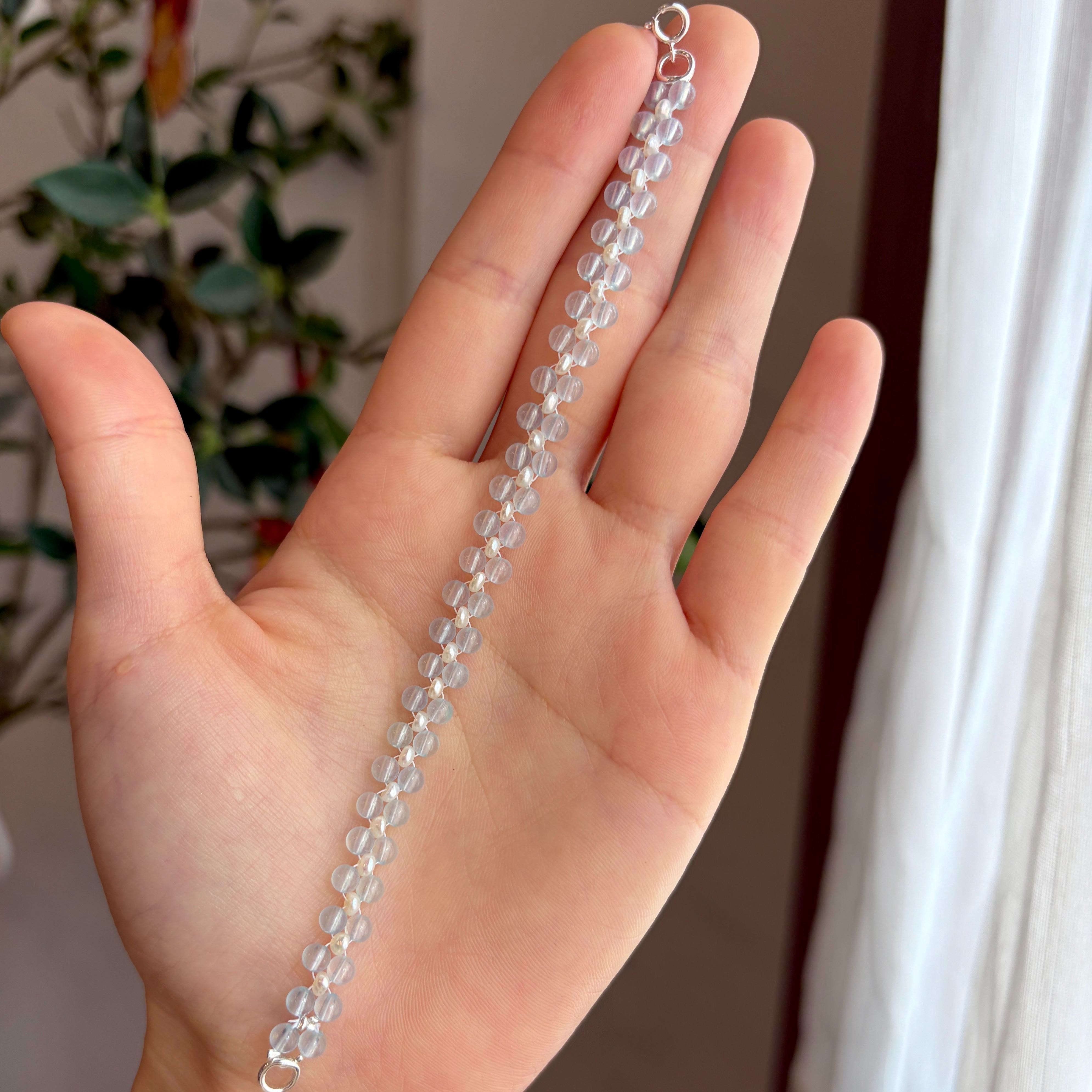 Handmade Aquamarine and Freshwater Pearl Woven Bracelet Minimalist Layered Jewelry Custom Size